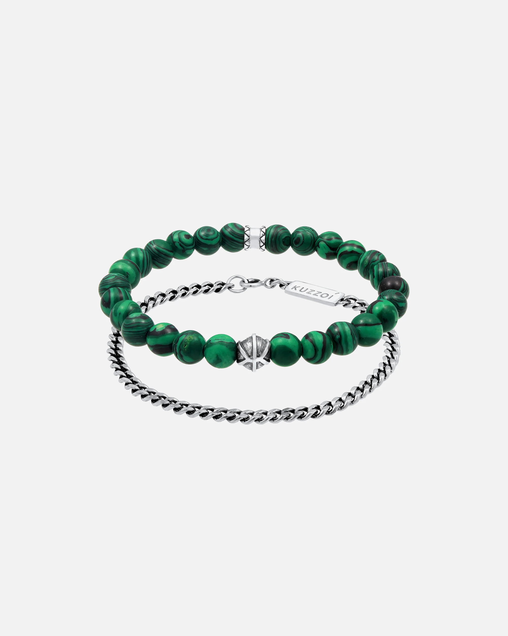 KUZZOI Men's Bracelet Set of 2 Oxidized Malachite Look 925 Silver