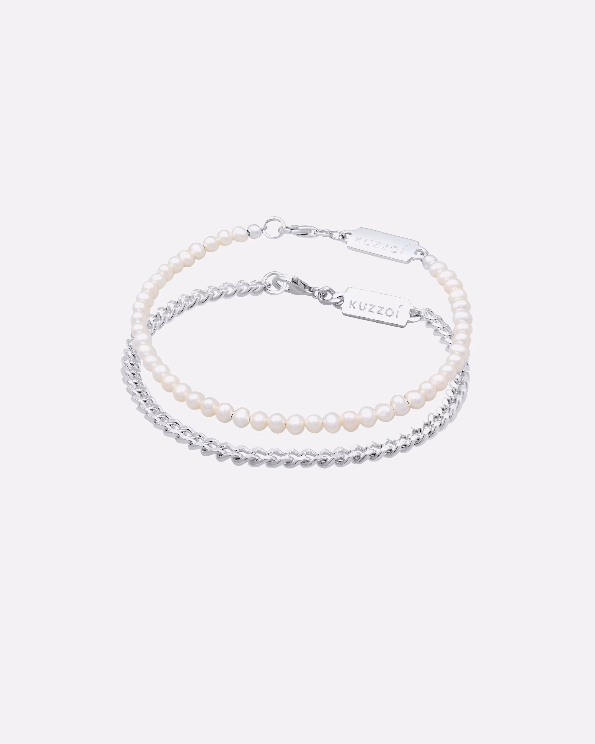 KUZZOI Bracelet Set Curb Chain Freshwater Cultured Pearls White 925 Sterling Silver