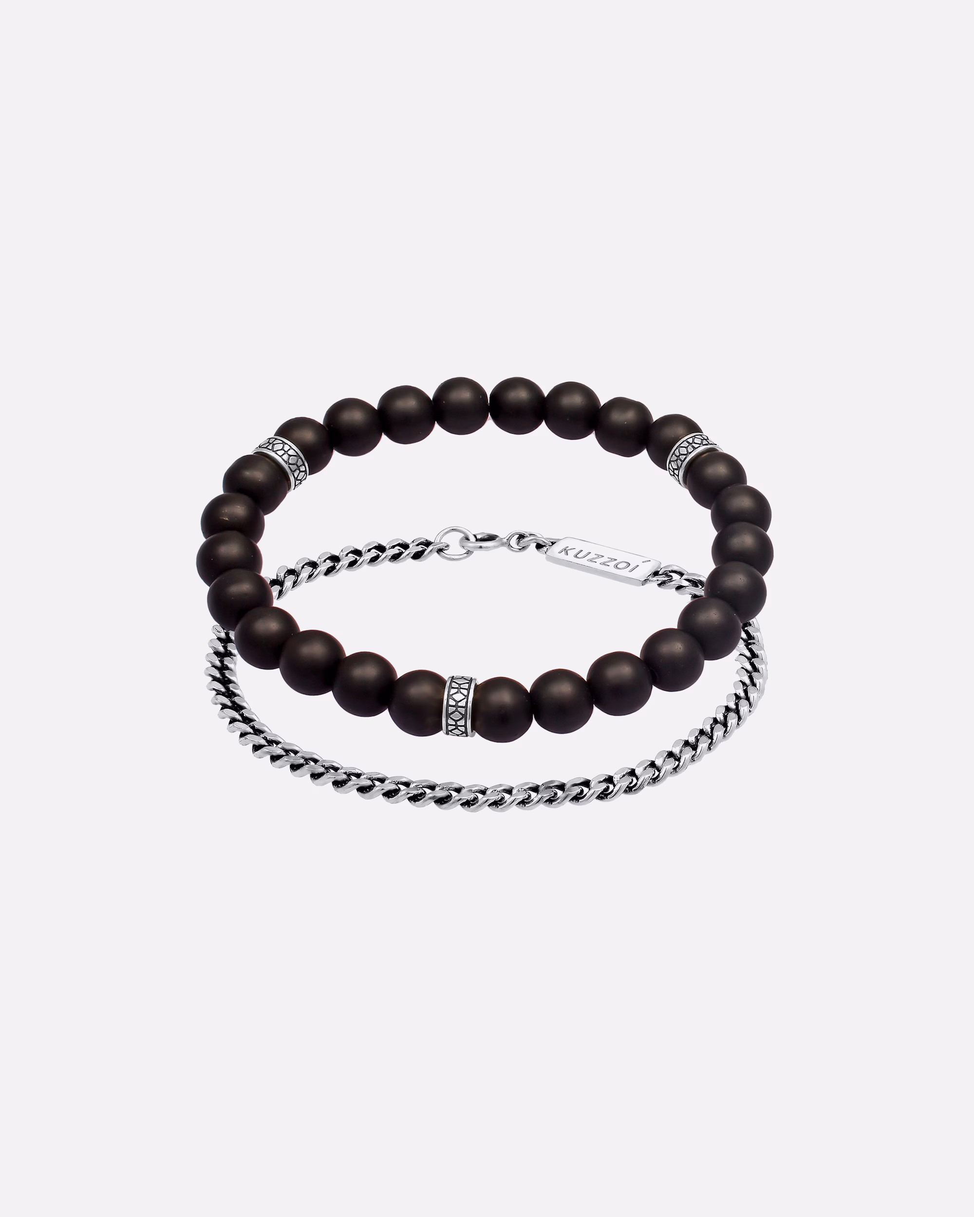 KUZZOI Men's Bangle Set of 2 Onyx Stone Curb Chain 925 Silver
