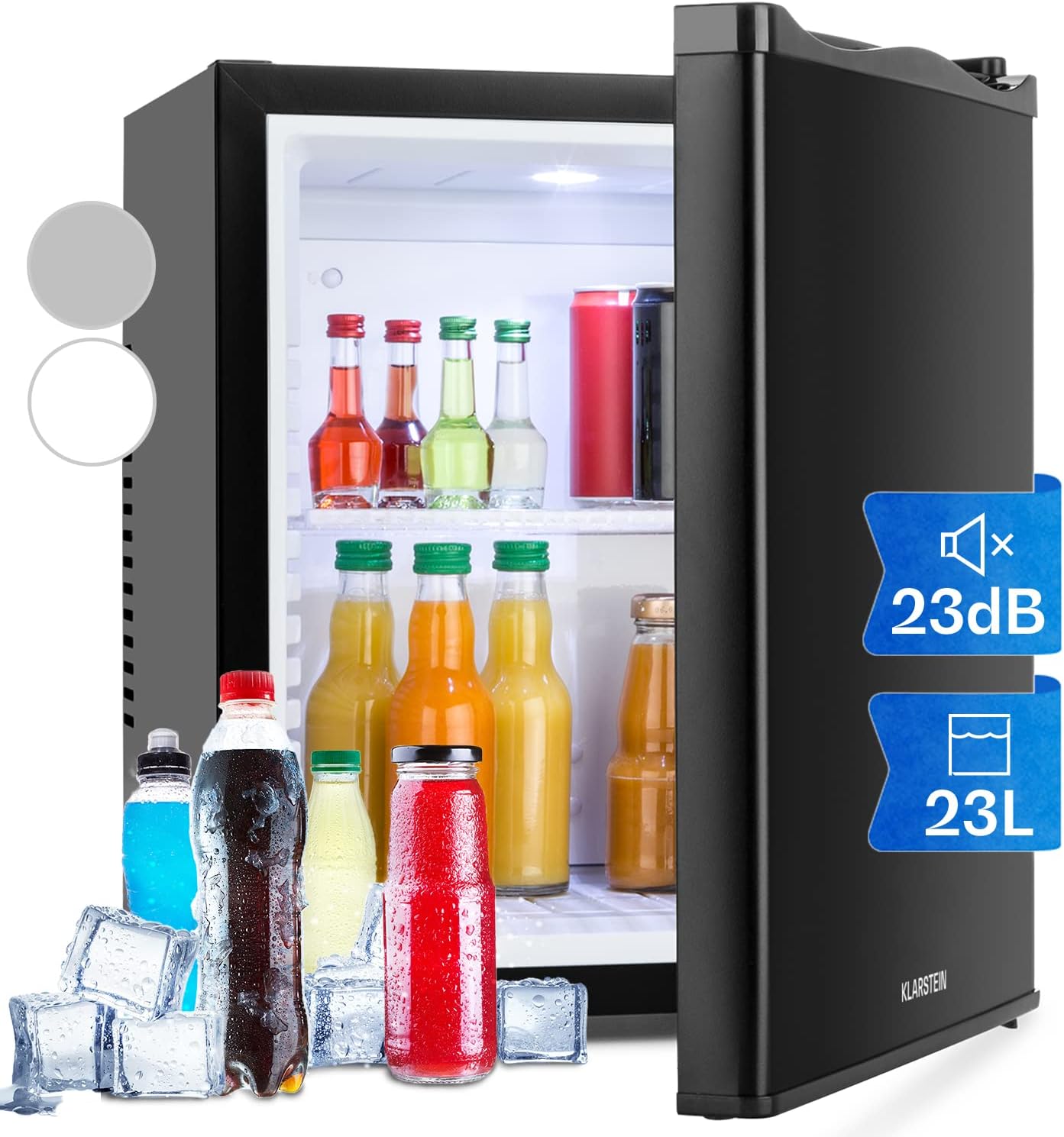 Klarstein MKS Mini Fridge Drinks Refrigerator Sleek Edition Free Standing Energy Class A 30dB Quiet Compact, Black