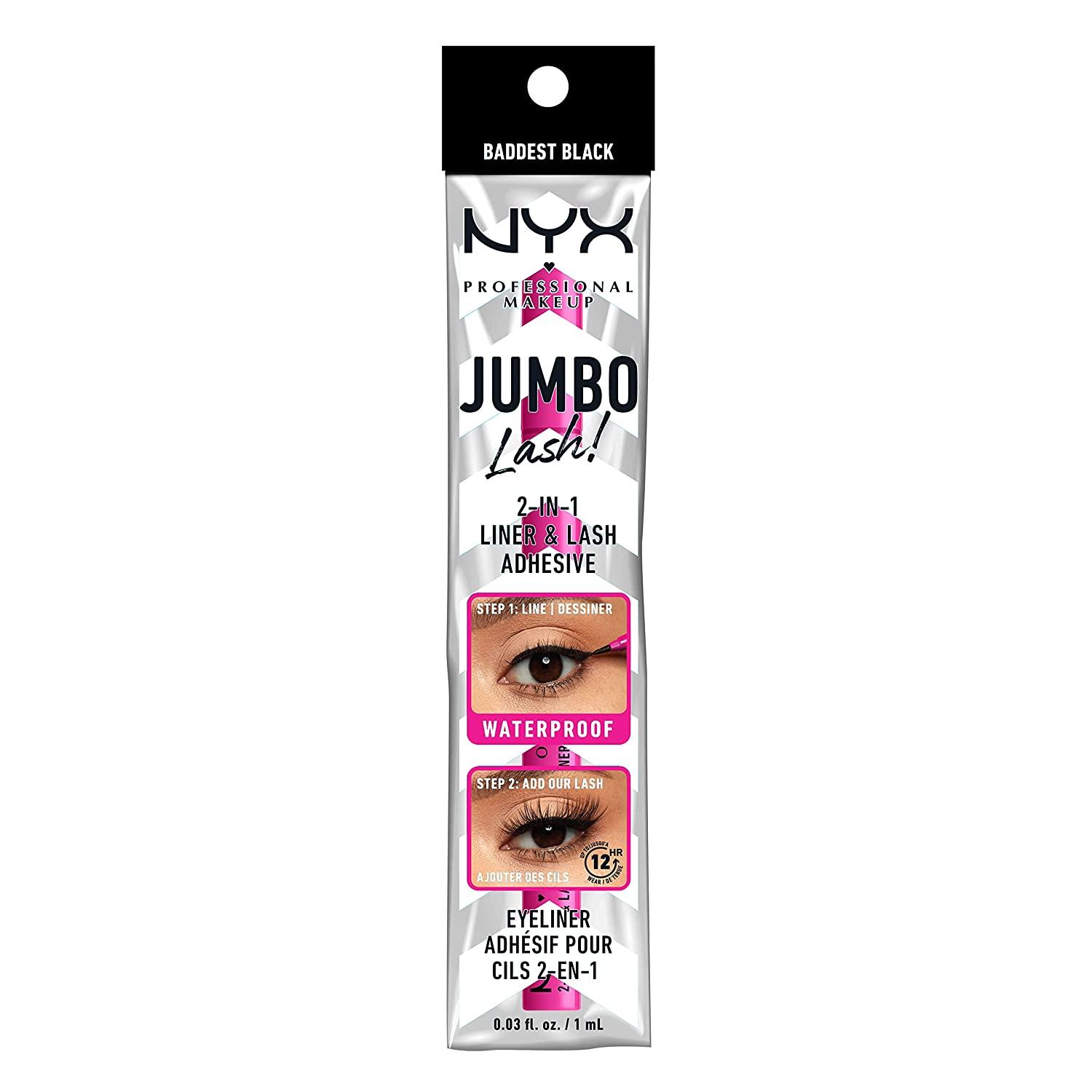 NYX Professional Makeup 2-in-1 Liner & Eyelash Glue, High Durability, Waterproof Formula, Felt Pen Applicator, Jumbo Lash, Baddest Black, lash adhesive ‎2-in-1