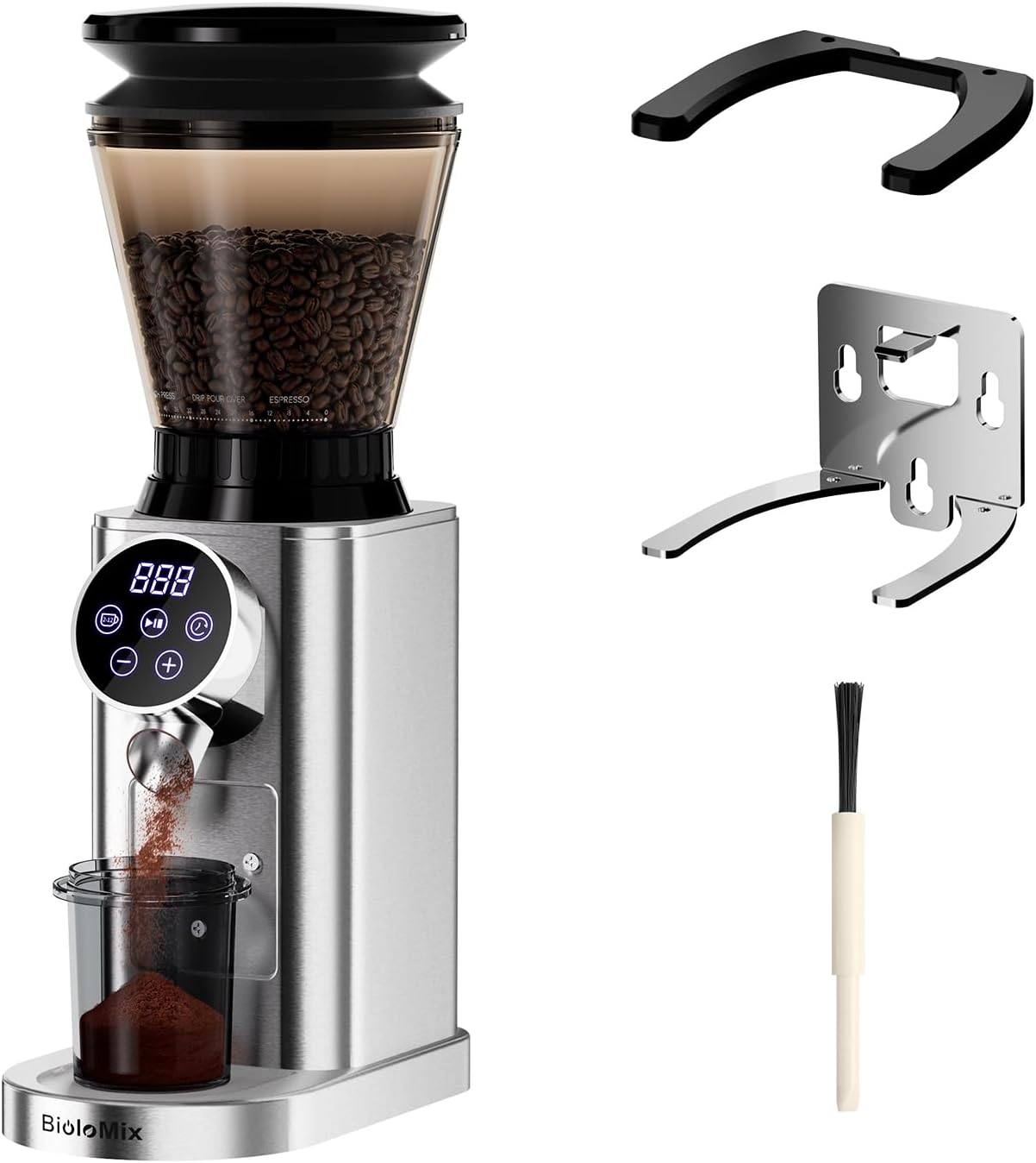 Biolomix Electric Coffee Grinder with Removable Holder for Portafilter Coffee Grinder Portafilter Electric with 48 Grinding Level Adjustable 2 to 12 Cups Stainless Steel Electric Cone Mills (CG210-2)
