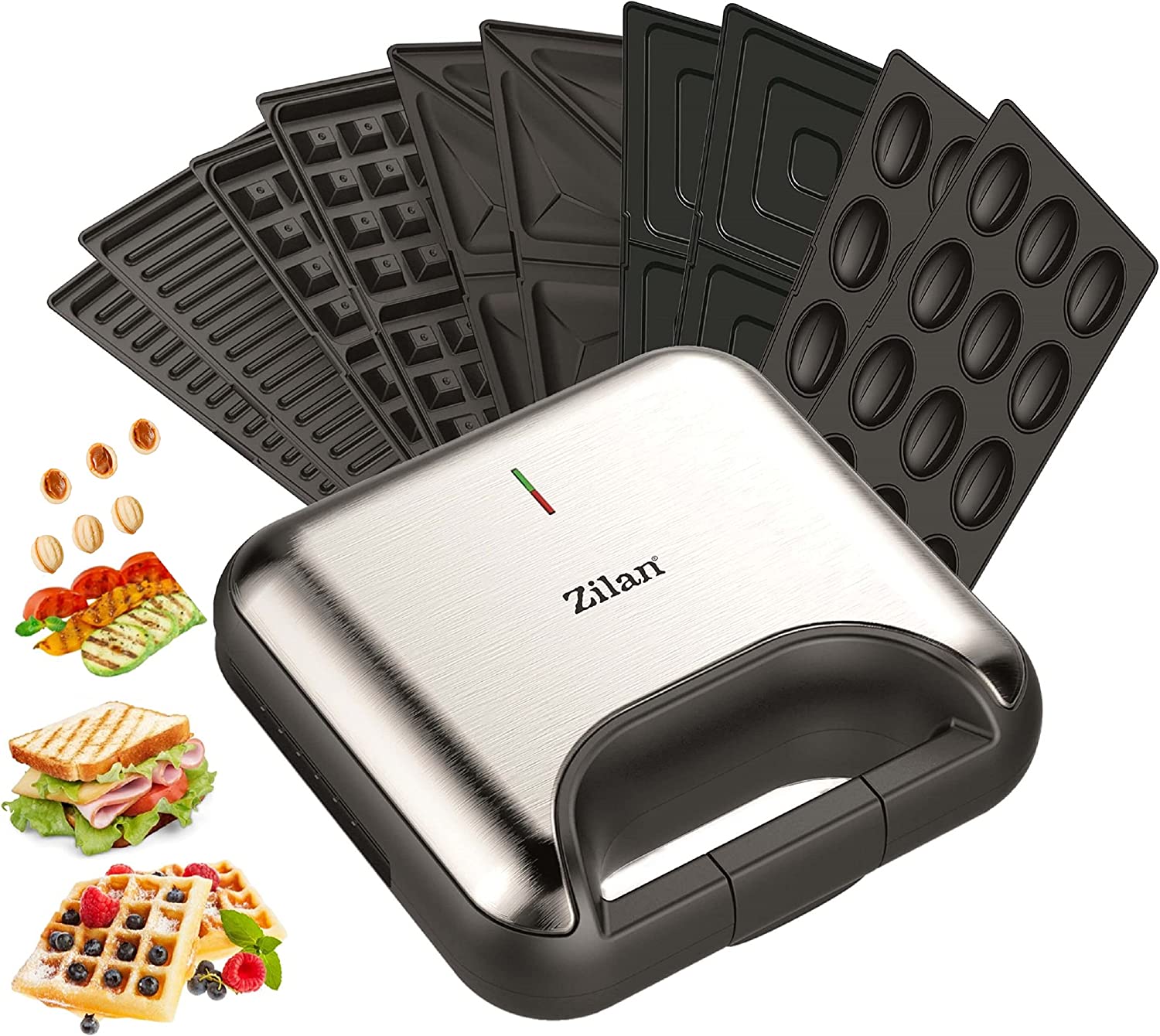 Zilan 5-in-1 sandwich maker, 5 interchangable plates, waffle Iron, Contact Grill, Electric Grill, Multi-Grill, Oreschkis (Magic Nuts), Sandwich Maker, Contact Grill, Waffle Iron, Stainless Steel