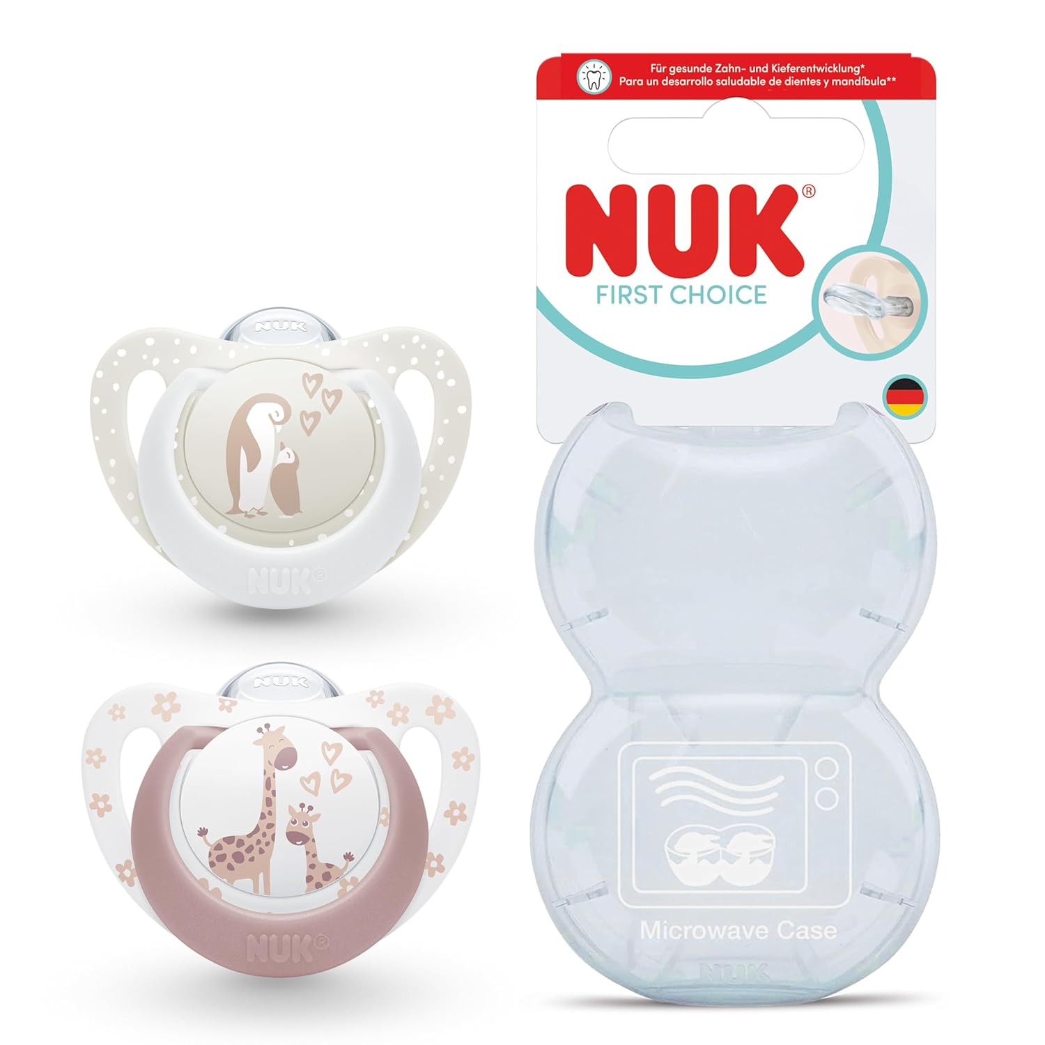 NUK First Choice Baby Dummy | 0-6 Months | Orthodontic dummy | Soothes 99% of Babies** | Penguin/giraffe | Pack of 2