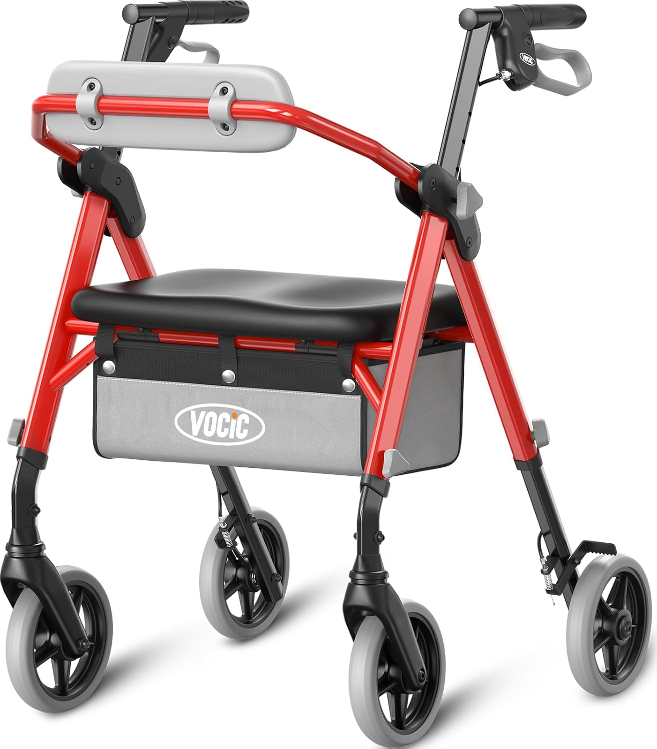 VOCIC Z11 Foldable and Lightweight Rollator with Seat, Max 172 kg, Narrow Rollator for Home, Easy Folding for Seniors, Ergonomic Seat, Height Adjustable, Red, 5 Years Support