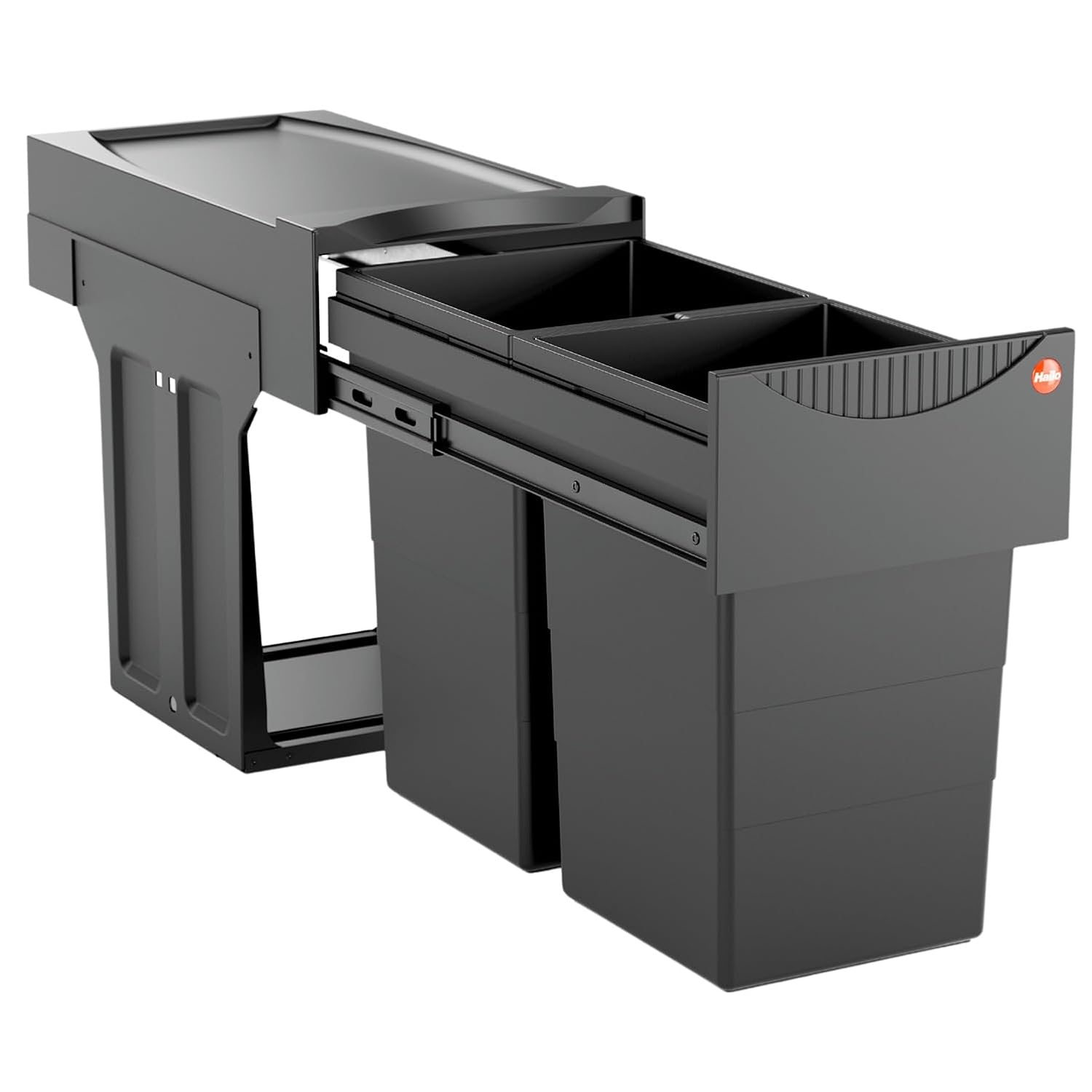 Hailo Tandem 3666851 Built-in Waste Separator with 2 Compartments - Kitchen Bin in Base Cabinet - 2 x 15 L - Waste Bin with Full Extension for Revolving Doors Cabinets from 30 cm - Black Edition
