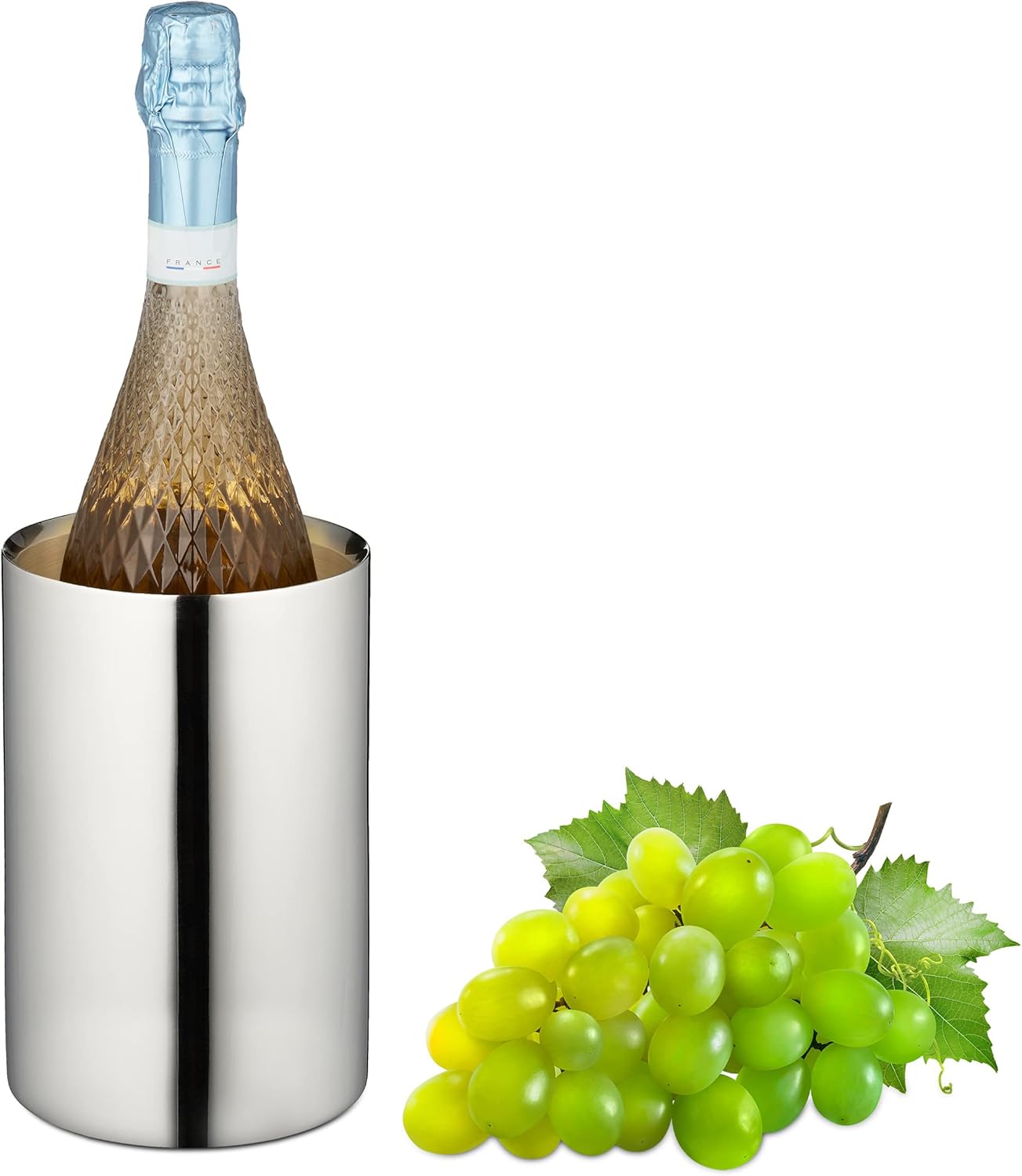 Relaxdays Wine Cooler Stainless Steel Double Walled Bottle Cooler Wine & Champagne HxD: 18.5 x 12 cm Glossy Wine Bucket Silver