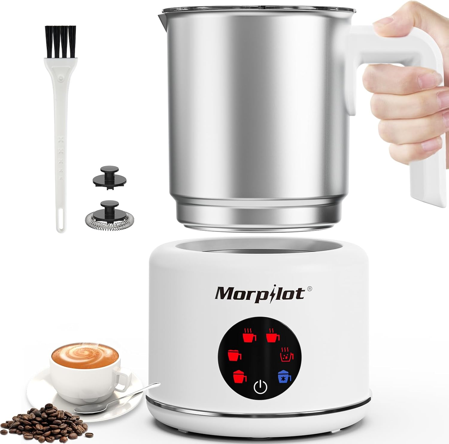 Morpilot Electric Milk Frother, 6-in-1 Milk Frother for Hot, Cold and Hot Chocolate, 130-500 ml, 600 W, Non-Stick Coating, Latte Design, Dishwasher Safe, Stainless Steel, White