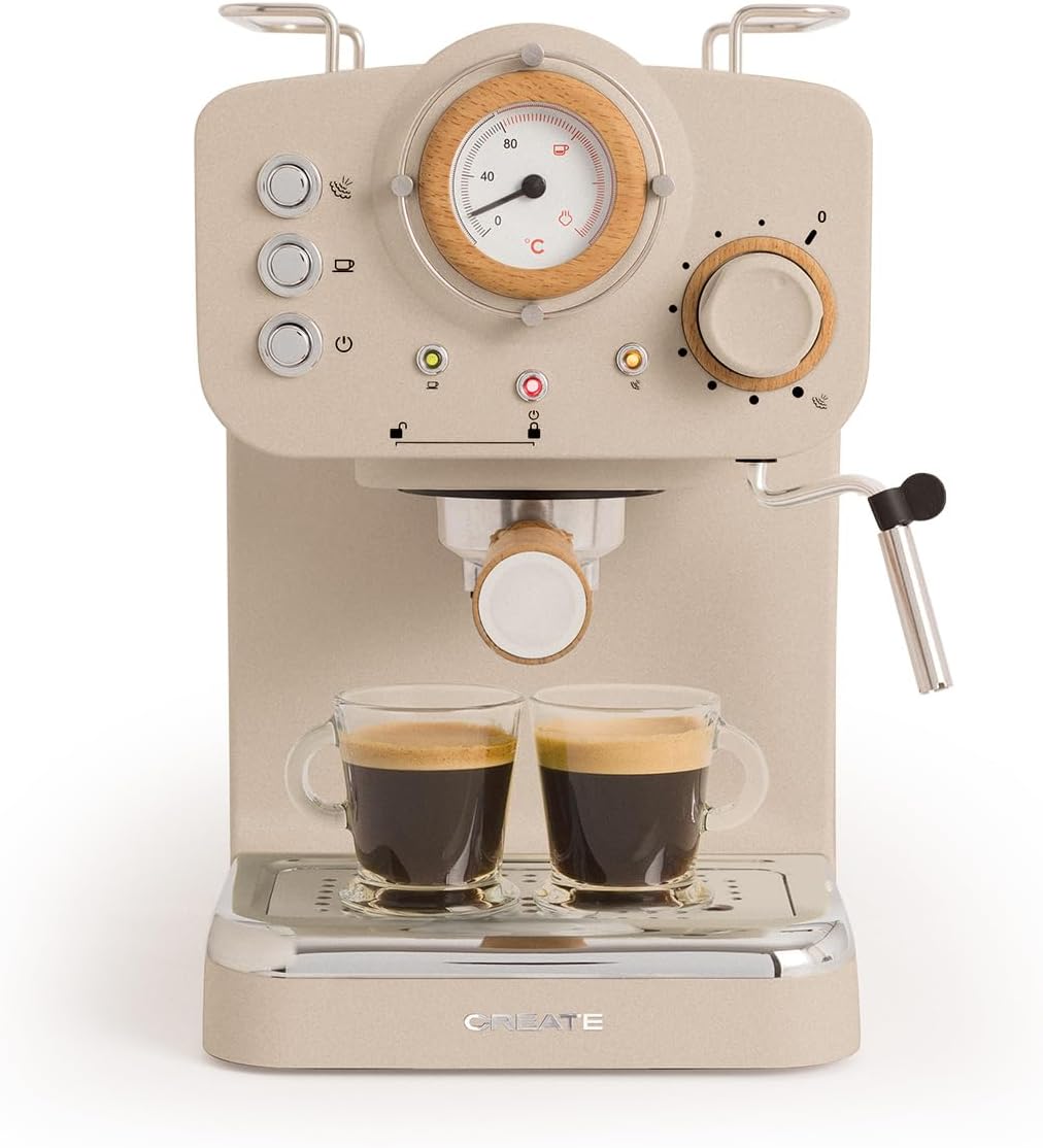 CREATE Thera Retro Semi-Automatic Espresso Machine, Sand Matt and Wood, 20 Bar Pressure Pump, 1100 W, 1.25 L Water Container, for Ground Coffee, 55 mm ESE Pads, with Steamer, 1100 W