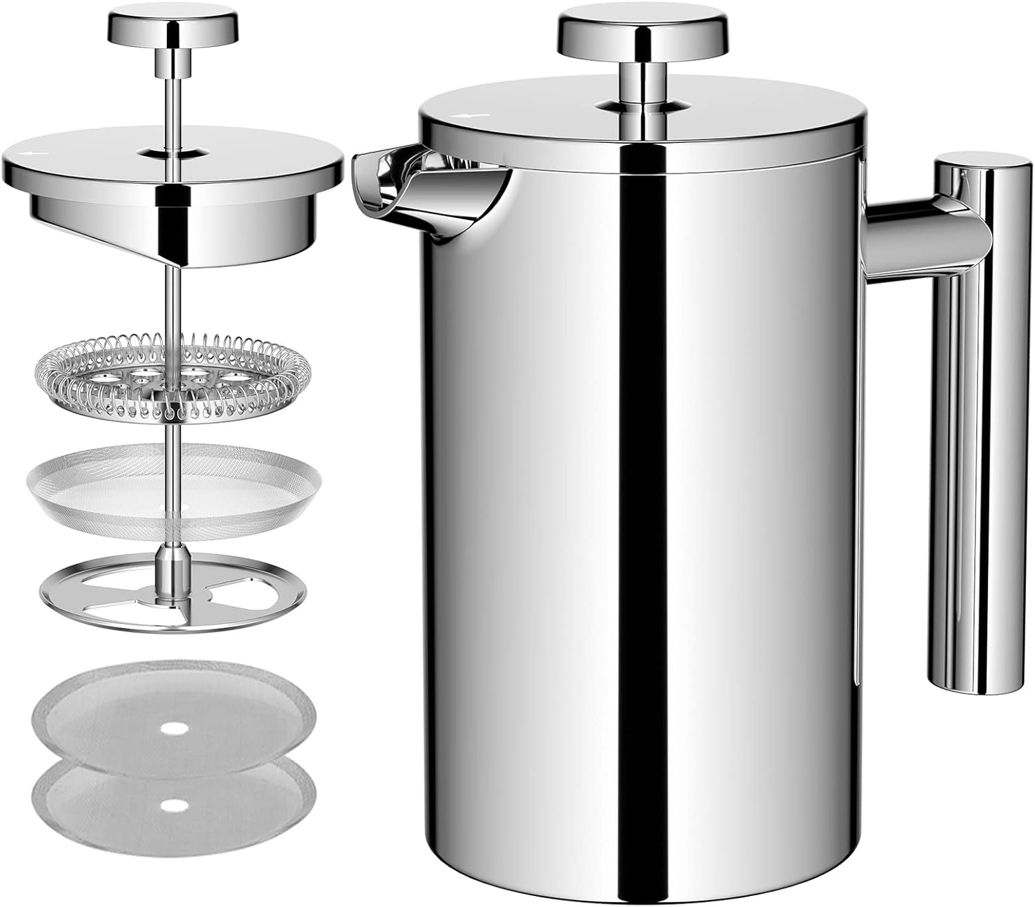 French Press Coffee Maker, 0.65 Liters, 3 Cups, Double-Walled Stainless Steel Coffee Maker, Thermo, 650 ml, Small French Coffee Press, Silver