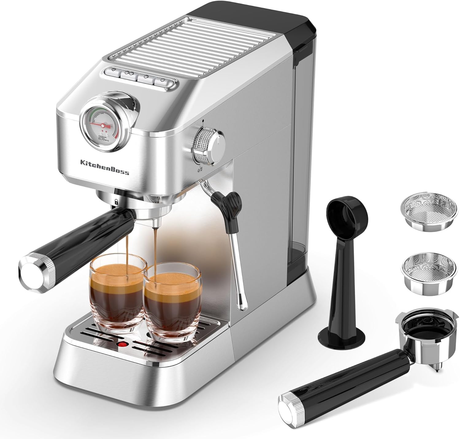 KitchenBoss Professional Portafilter Machine Espresso Machine Portafilter: Espresso with Milk Frother, Coffee Machine 15 Bar, with 1.2 L Water Tank