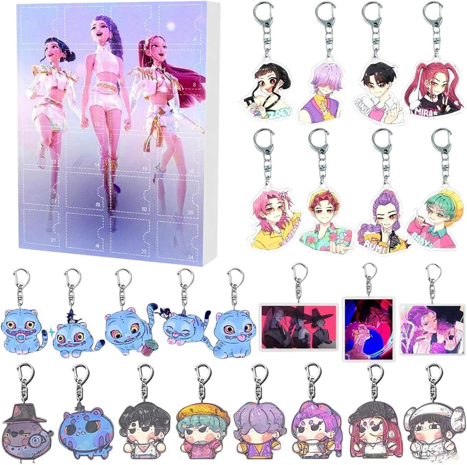 k-pop Demon Advent Calendar 2025, 24 Cartoon Keyrings Rumi Mira Zoey Advent Calendar Children Halloween Christmas Advent Calendar (A06)