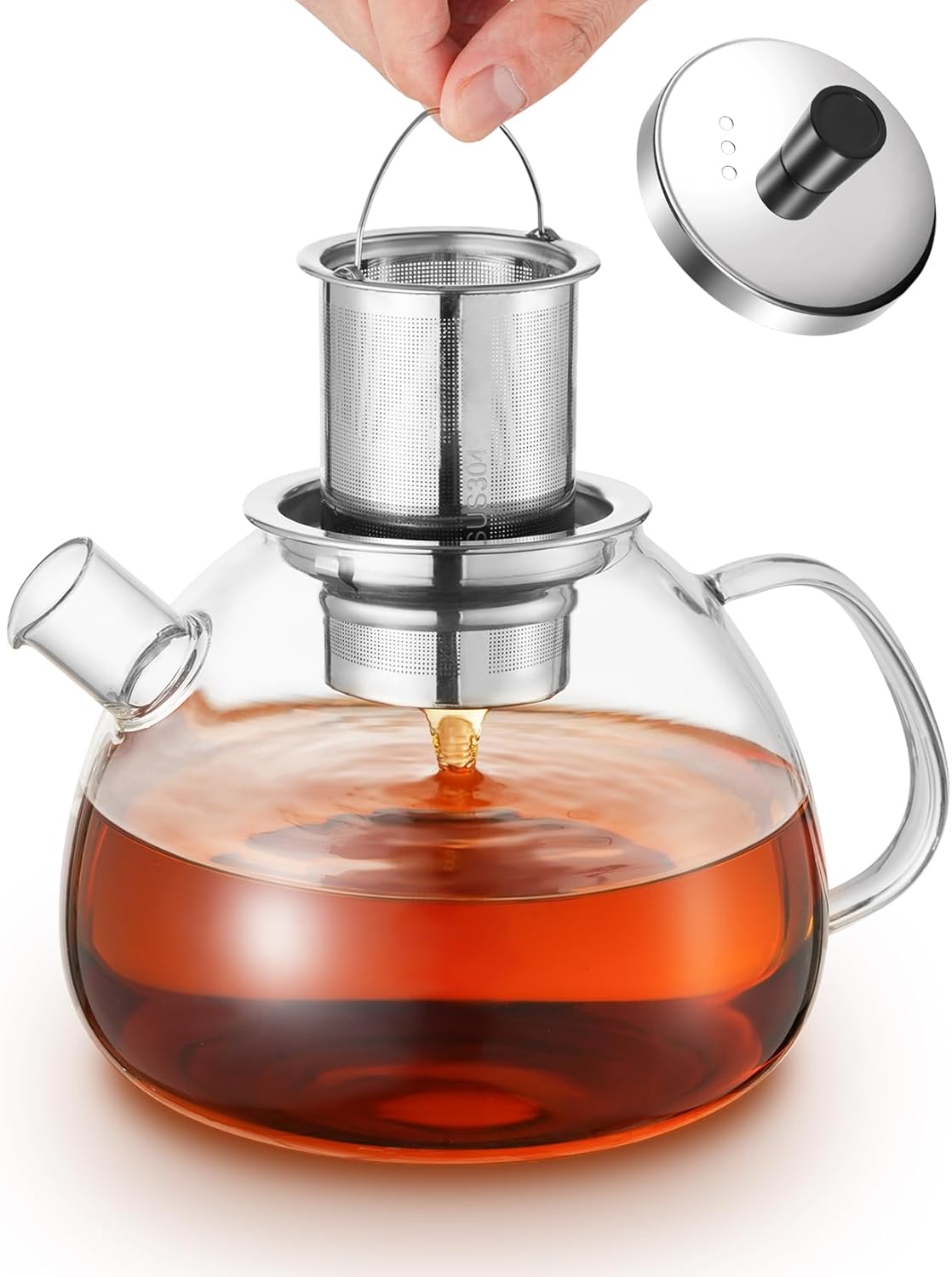 1500 ml glass teapot, glass teapot made of heat-resistant borosilicate glass, glass teapot, teapot glass with strainer insert, teapot with warmer, suitable for brewing tea, flower tea
