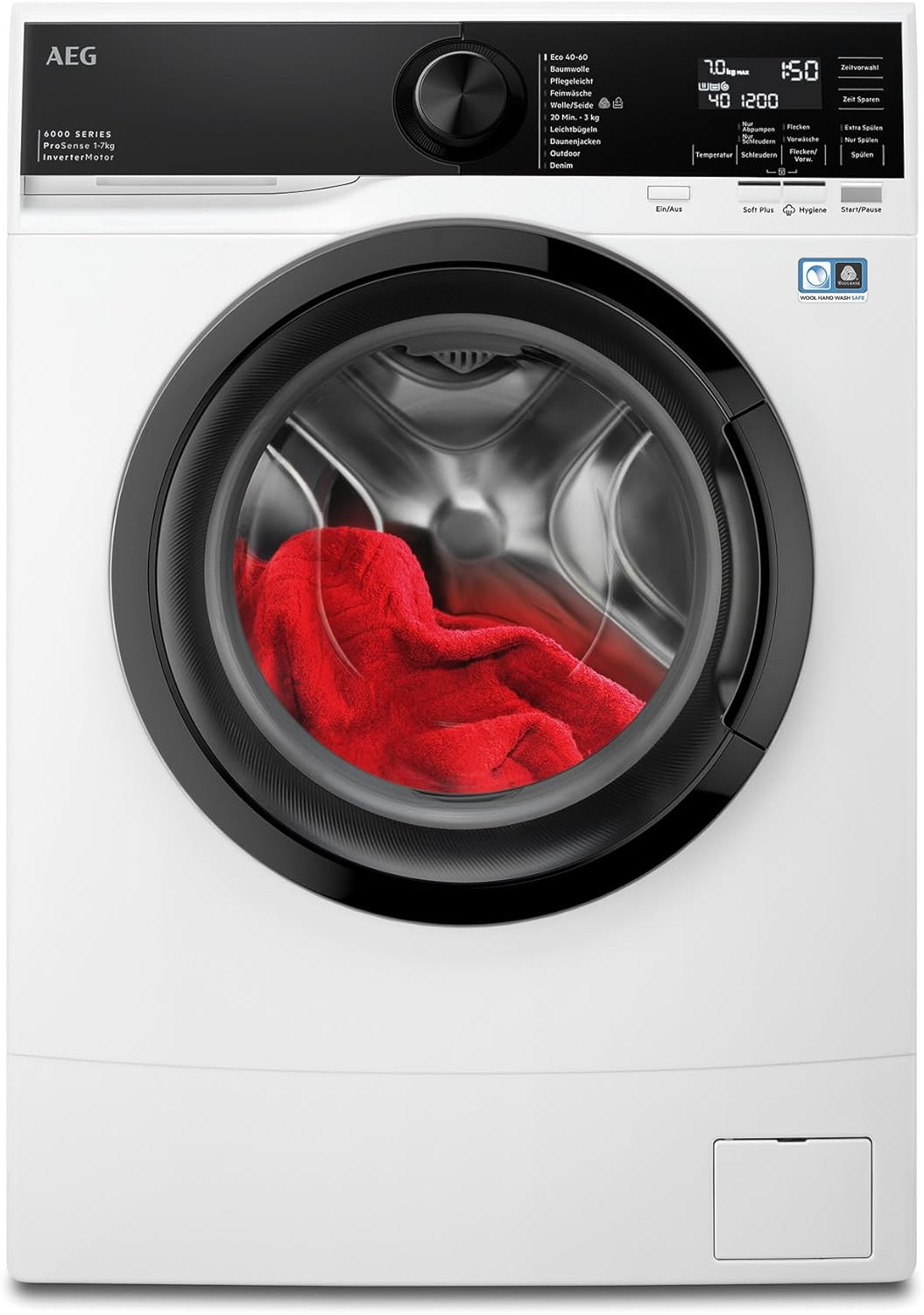 AEG Compact Washing Machine Only 487 mm Depth, Series 6000 ProSense Automatic Volume, 7.0 kg, Quiet, Water Stop, 1400 rpm, Light Iron and Anti-Allergy Program, Inverter Motor, LSR6F75470