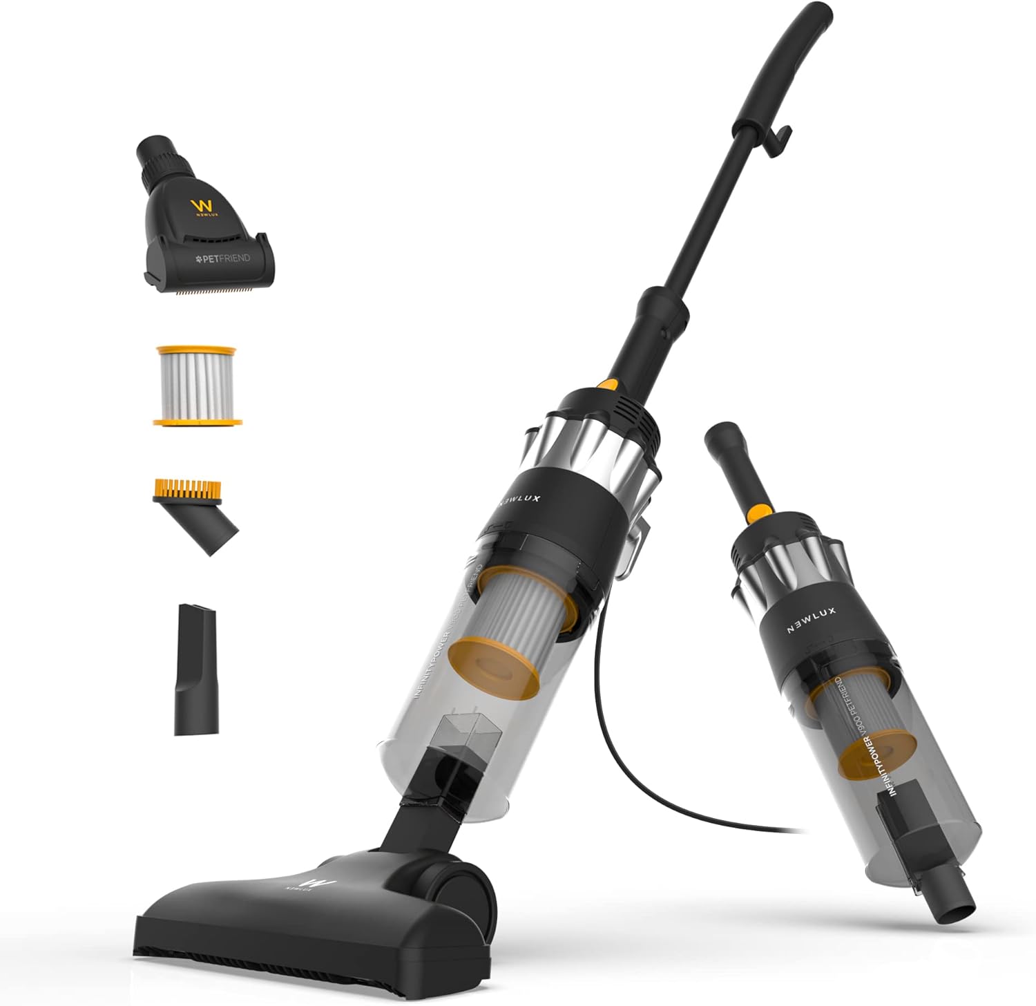 Newlux - Vacuum Cleaner with 2-in-1 V900 Cable, Vertical and Hand, 800 W, 2 Liter Tank, 16.5 kpa and Triple Sist. Filtering (F.HEPA) | Accessories for Pets | 5m Action | Energy Efficiency A (Black)