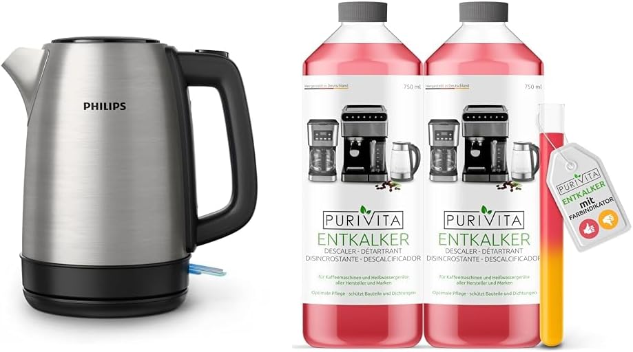 Philips Domestic Appliances Philips Daily Collection Metal Kettle Spring Lid & Purivita - Universal Descaler 750 ml for Fully Automatic Coffee Machines - Suitable for All Known Brands, 2 Bottles