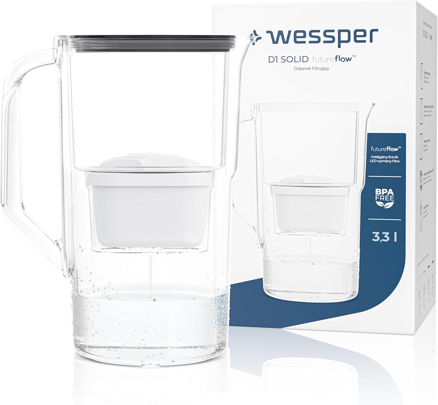 Wessper Water Filter Jug 2.8 Liters with LED Counter, Water Carafe with Filter, Activated Carbon Cartridge Water Filter Reduces Limescale and Chlorine, BPA-Free Water Filter Jug - Black