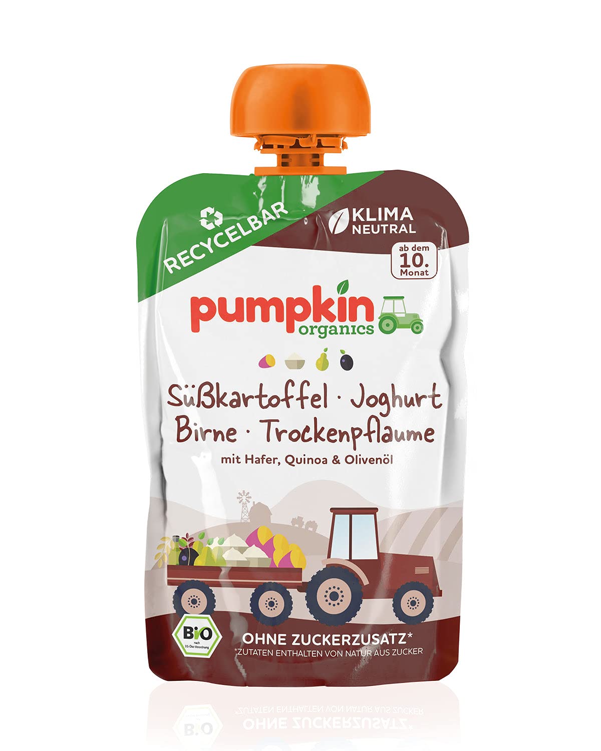 pumpkin organics Bio Quetschie Süßkartoffel, Joghurt, Birne, Trockenpflaume, Hafer, Quinoa, Olivenöl - Gemüsepüree, Fruchtmus und Getreide für Babys ab dem 10. Monat. Recycelbarer Quetschbeutel, 8er Pack (8x100g)