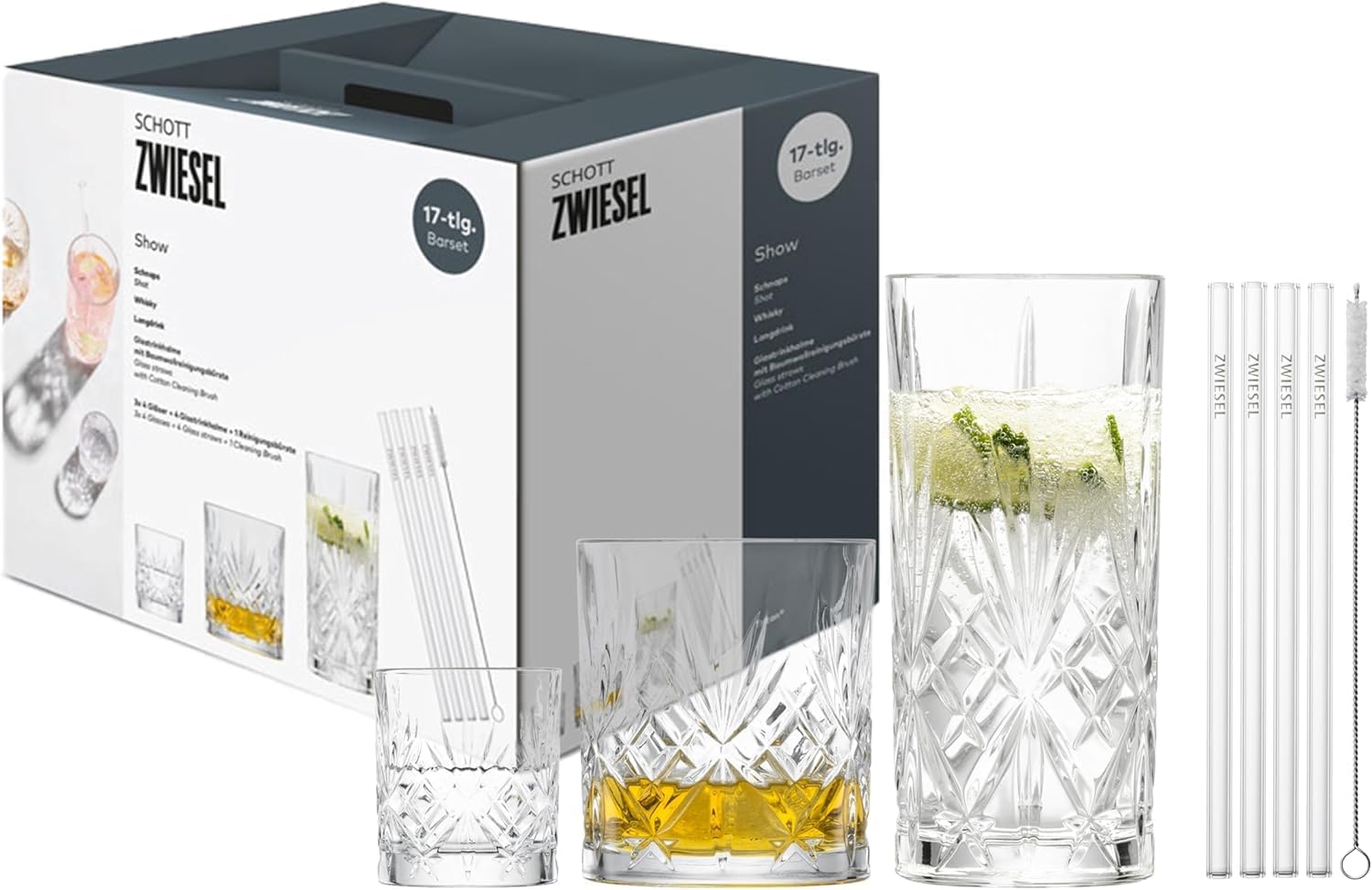 Schott Zwiesel Bar Set of 17, 4 Graceful Long Drinks, Whisky and Schnapps Glasses with Relieff, 4 Glass Drinking Straws and 1 Cotton Brush, Dishwasher Safe Crystal Glasses (Item No. 124010)