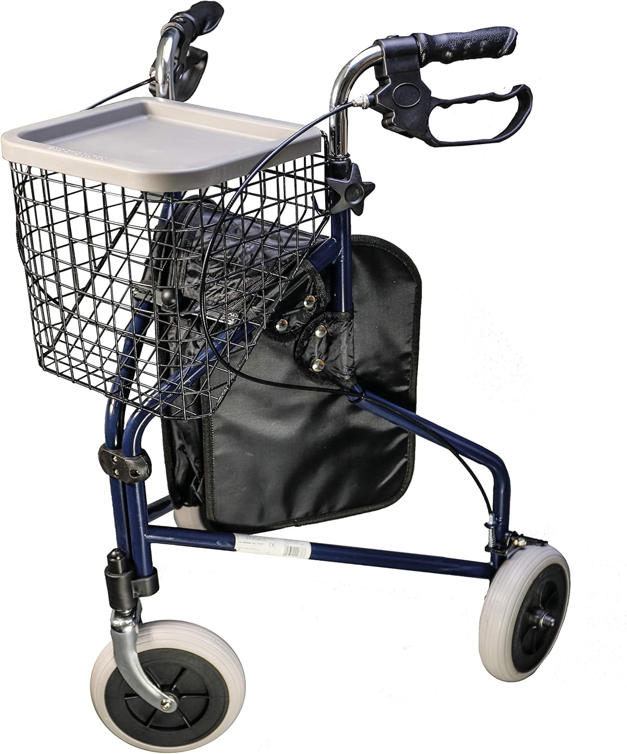 Rehaforum Medical Wheeled Walker Zimmer Frame 3-Wheel Walking Aid Walker with 3 Wheels Tray Basket & Bag Lightweight & Foldable Fixing Brake Max. 120 kg
