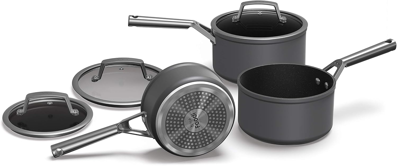 Ninja ZEROSTICK C33000UK Premium Saucepan Set with Glass Lids, Durable, Non-Stick, 3-Piece Pan Set, Hard Anodized Aluminum, Induction Compatible, Grey, C33000UK