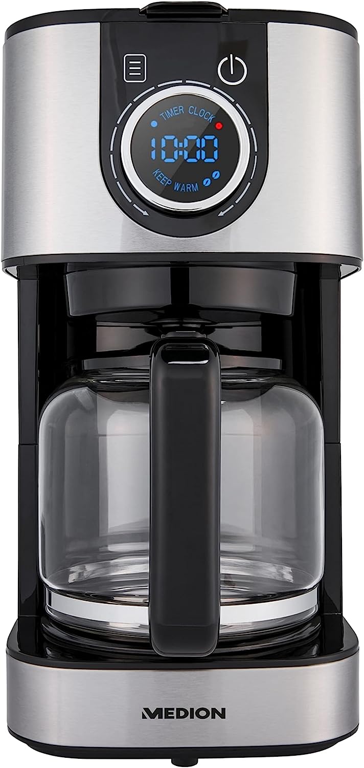 Medion Coffee Machine with Glass Jug and Timer (Filter Machine, Up to 10 Cups, 1.5 Lites, 900 Watt, Coffee Strength Selectable, Timer, Keep Warm Function, LED Display, MD1948) Stainless Steel