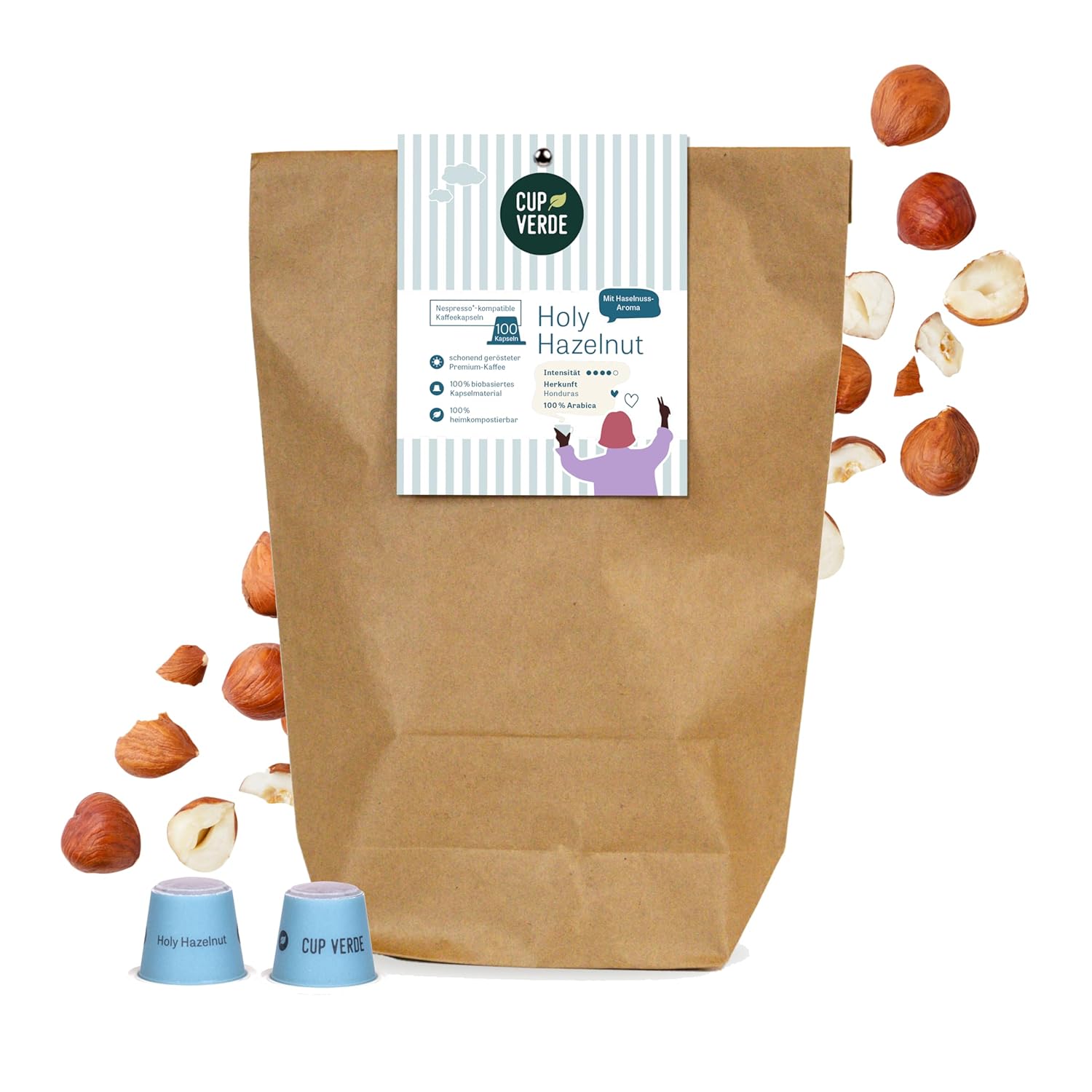 CUP VERDE 100 Hazelnut Coffee Capsules Compatible with Nespresso*. HOLY HAZELNUT 100% Arabica with Irresistible Hazelnut Flavoring. Sustainable - Fair - Vegan (Pack of 100)