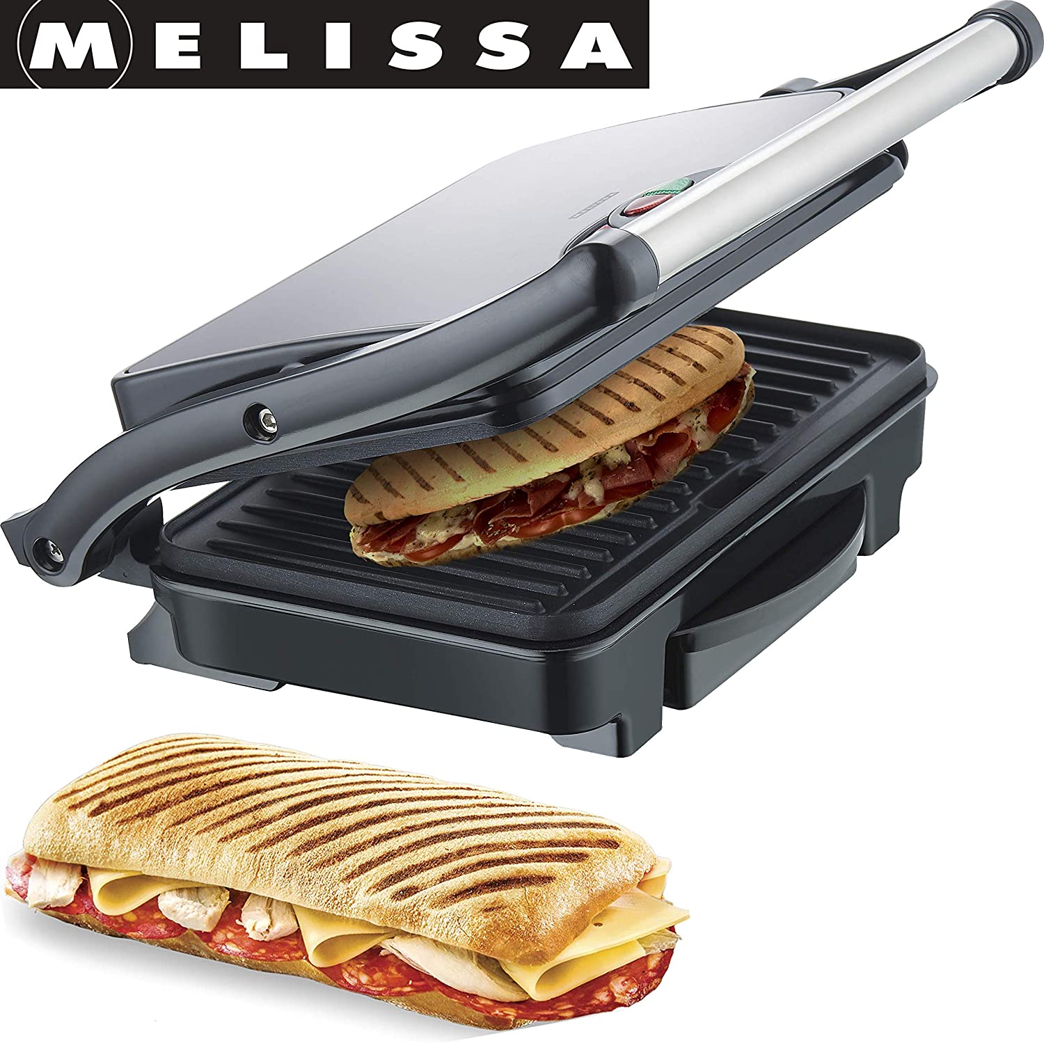 Melissa 16240100 Paninimaker Sandwich Maker Large Panels 27.2 x 17 cm 1500 Watt Power Stainless Steel Plastic