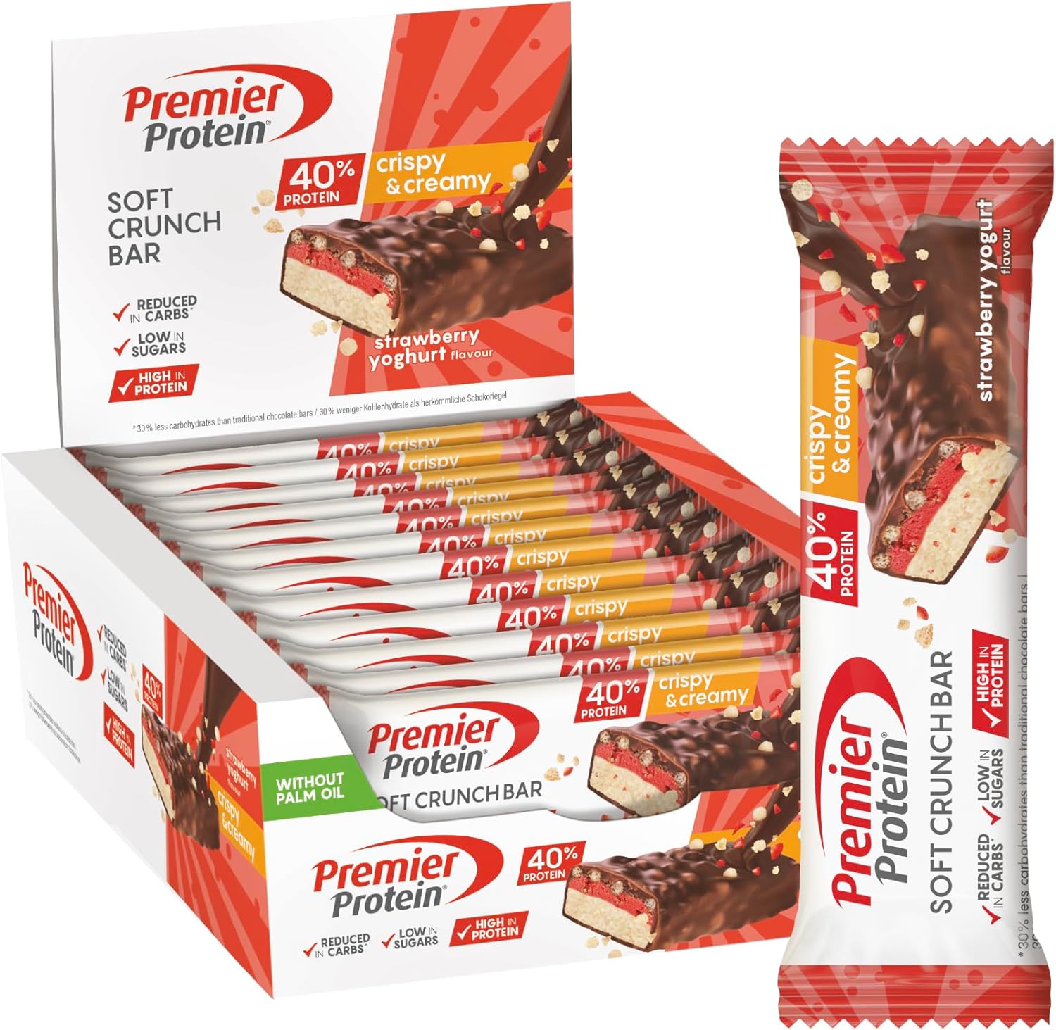 Premier Protein Soft Crunch Bar 40% Protein Strawberry Yogurt 12x40g - High Protein + Low Sugar + Palm Oil Free