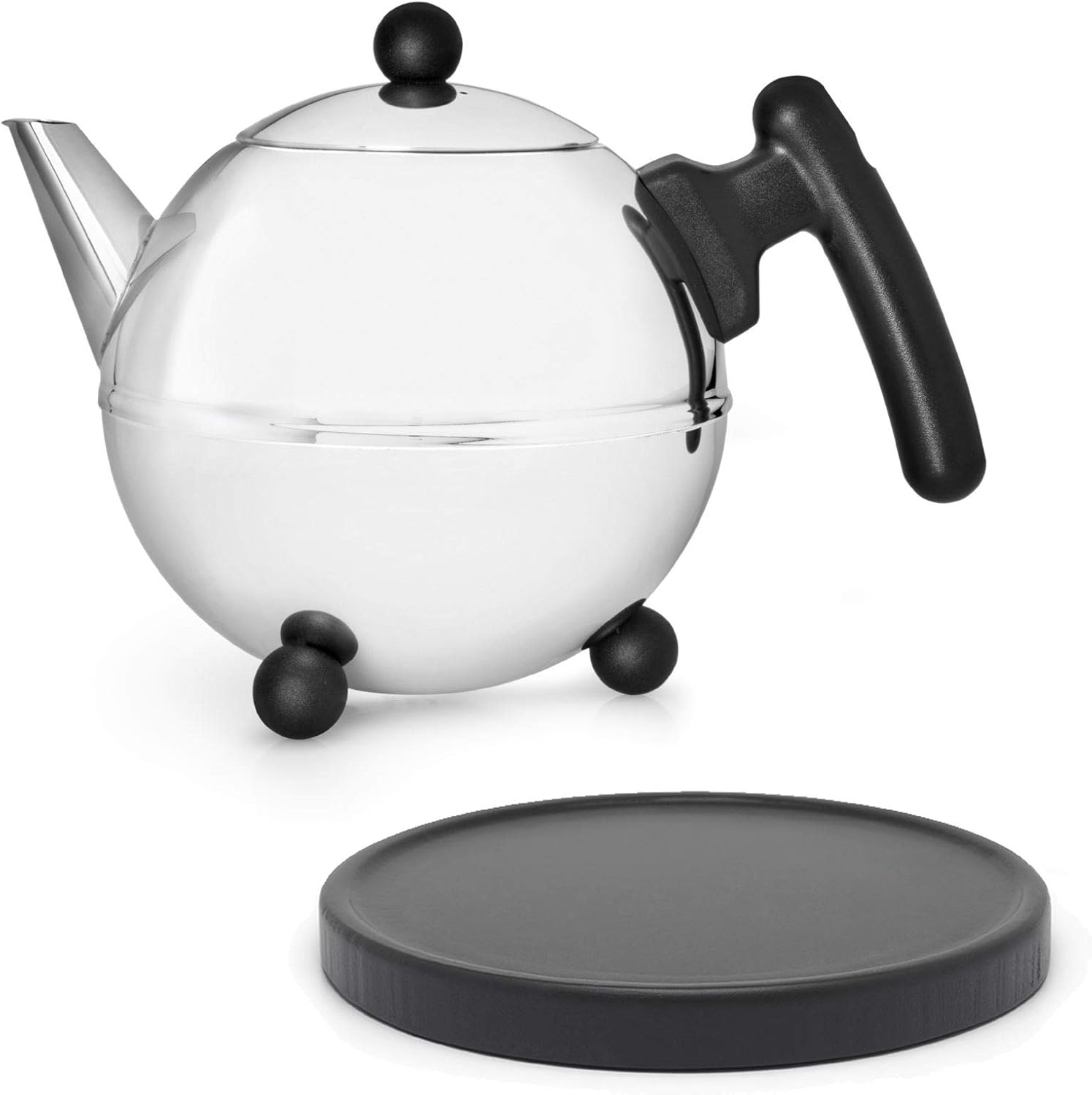 Teapot Set 0.75 Litres - Stainless Steel Double-Walled Silver - Small Stainless Steel Teapot with Lid without Filter - Includes Wooden Saucer Black