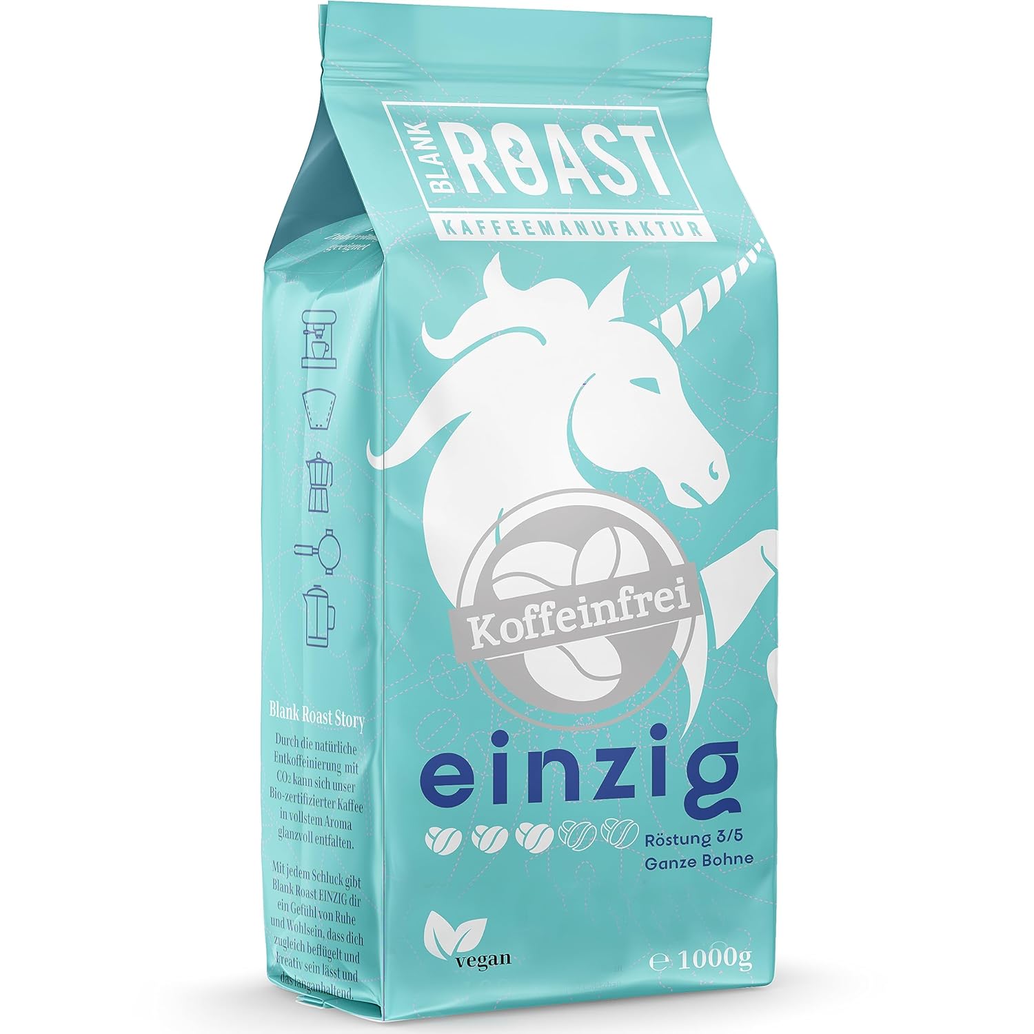 Blank Roast Unique Decaffeinated Coffee Beans – 100% Arabica – Gentle & Gently Roasted – Particularly Low Acid – 1000 g Whole Bean