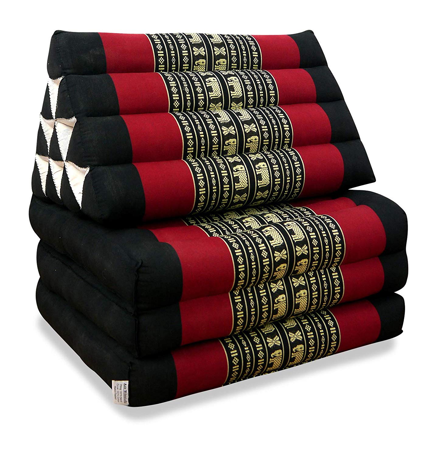 livasia Thai Cushion 3 Extra High Triangular Cushion with Folding Mattress, Kapok, Jumbo Back Cushion, Foldable Thai Mat Flaps, Handmade, Meditation Cushion 185 x 55 x 8 cm (Black/Elephants)