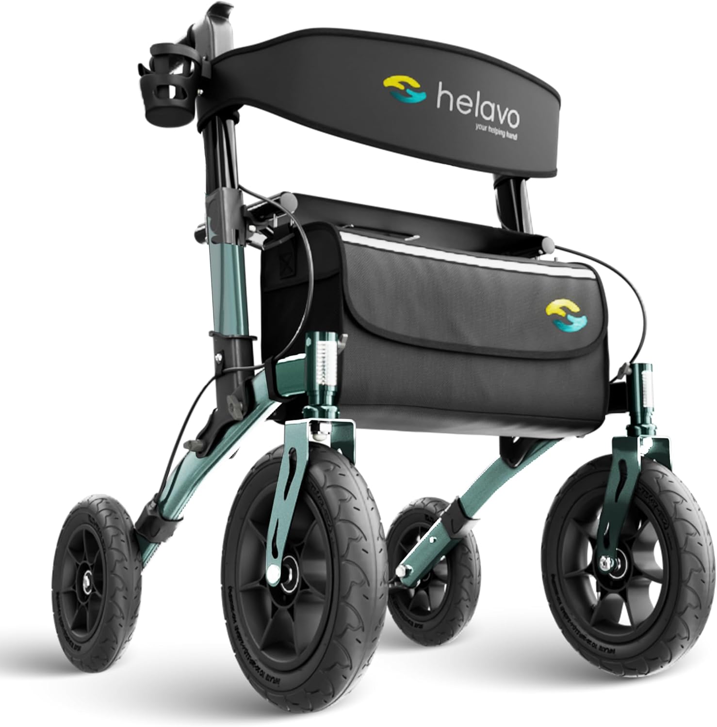 Helavo Outdoor Walker with Pneumatic Tires – Foldable Aluminum Outdoor Rollator with Seat – Maximum Mobility and Outdoor Comfort