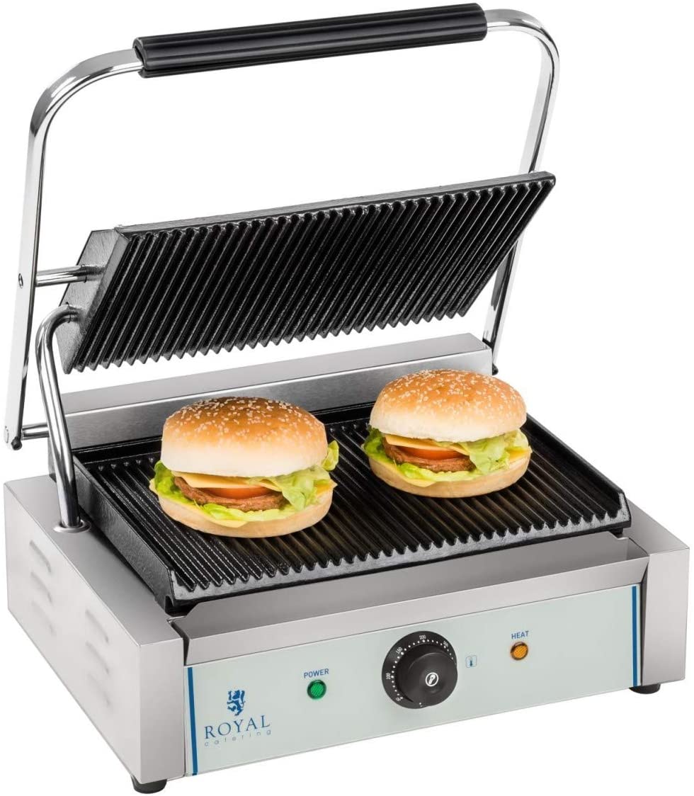 Royal Catering - RCKG-2200-G - Electric Contact Grill - 2200 Watt - corrugated grill panels