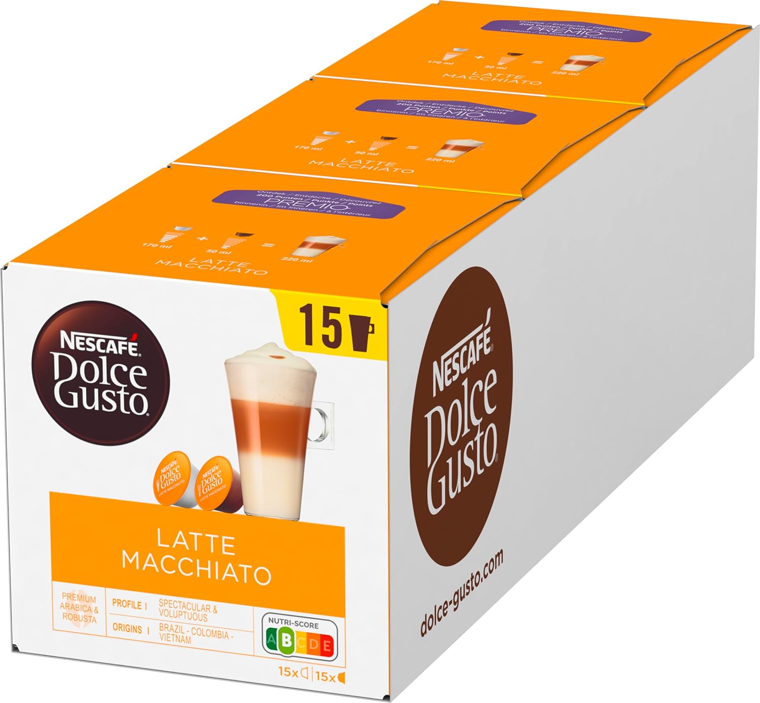 NESCAFE DOLCE GUSTO NESCAFÉ Dolce Gusto Latte Macchiato Storage Box, 90 Coffee Capsules (Aromatic Espresso, 3-Layer Delicacy Made of Fine Milk Foam, Aroma Sealed), Pack of 3 Large Pack (3 x 30 Capsules)