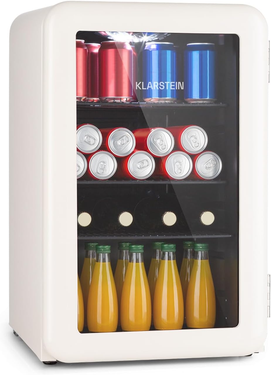 Klarstein Fridge 70 L, Small Fridge with 3 Removable Shelves, Quiet Mini Fridge with Glass Door, Drinks Fridge Small, Suitable for Outdoors, Beer Safe for Bottles, 0-10 °C