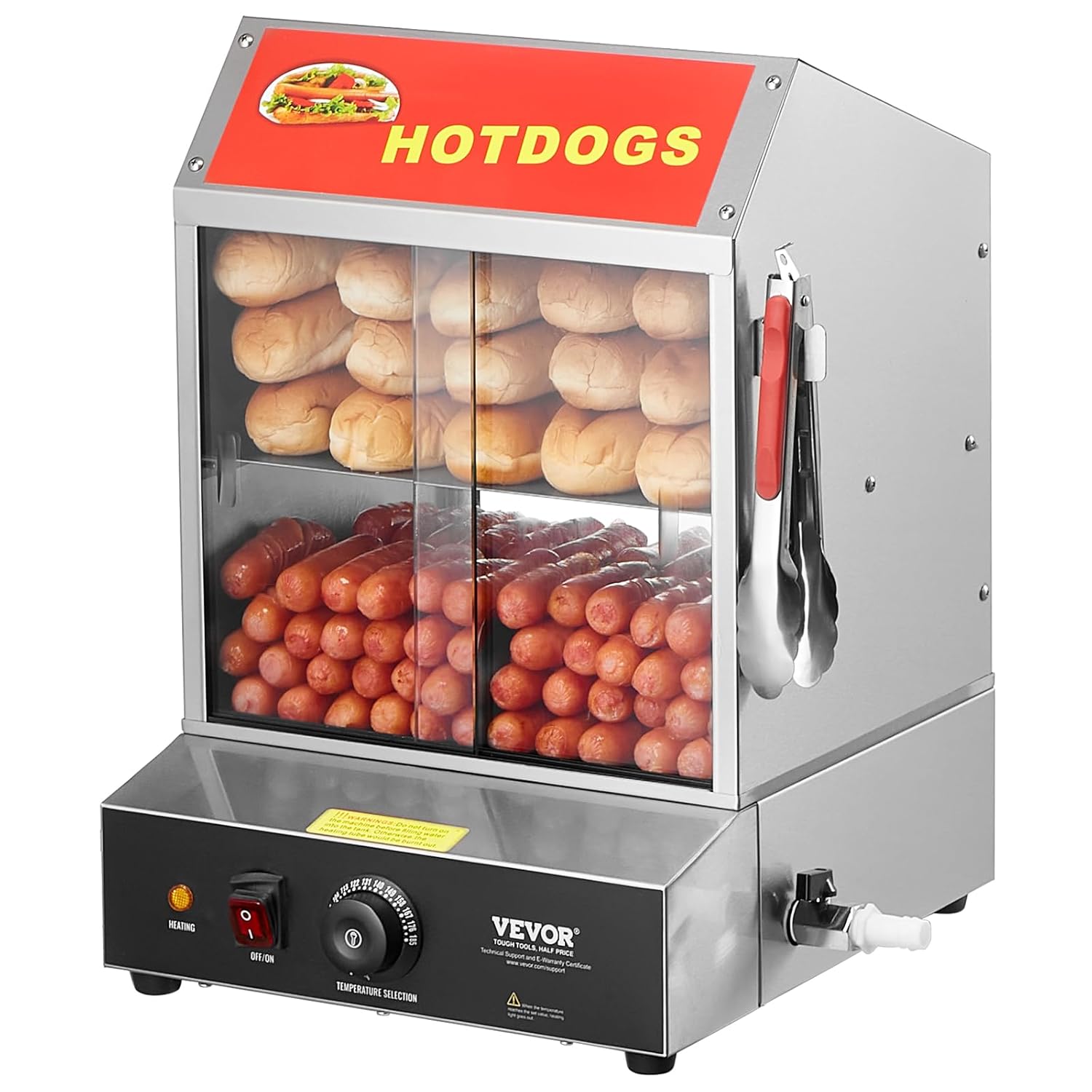 VEVOR Hot Dog Steamer, 27L, 2-Stage Hot Dog Hut Steamer, 30℃~85℃ Temperature Control, Electric Bun Warmer with Tempered Glass Sliding Doors, Separating Plate Tongs, Stainless Steel