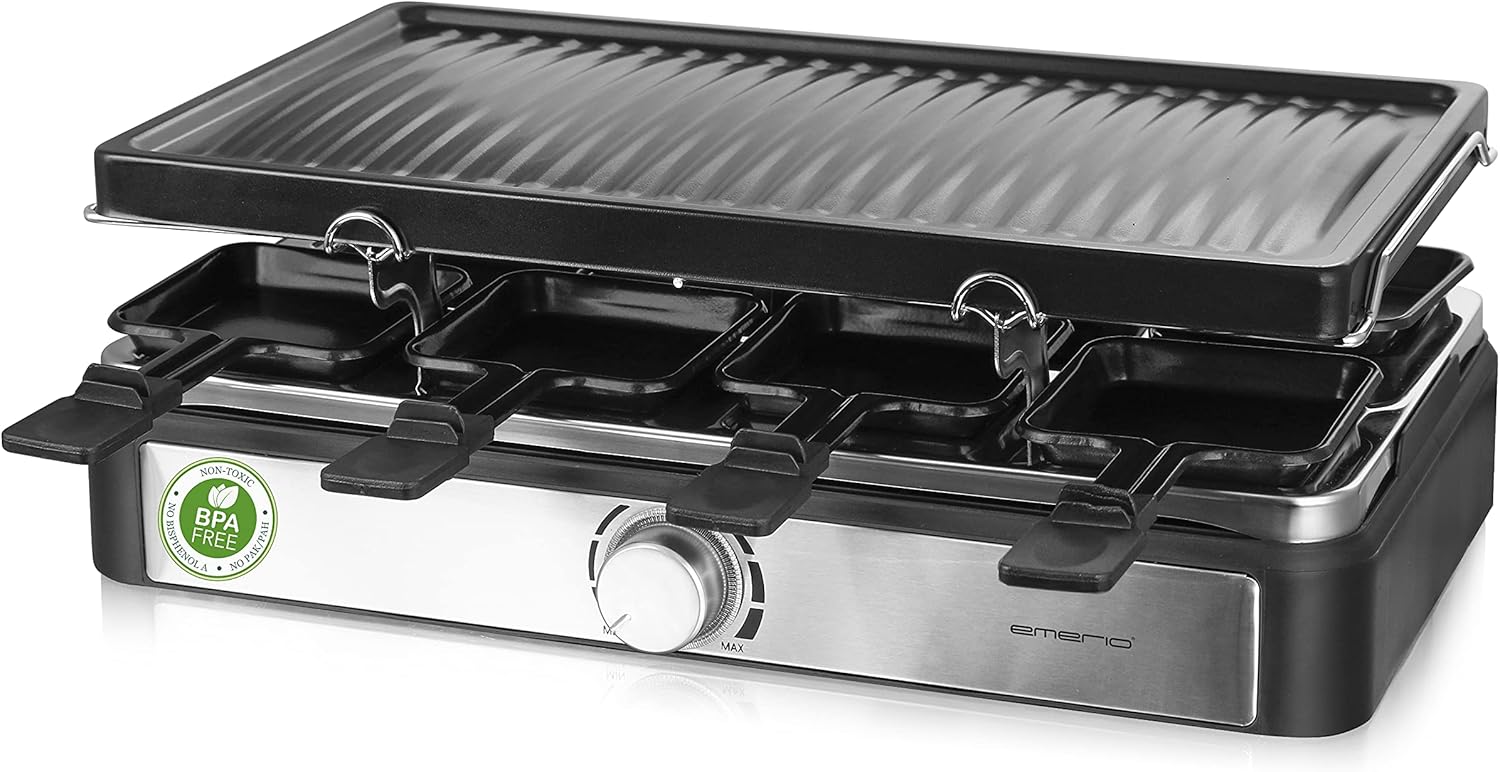 Emerio Raclette Grill with 8 Grill Pans for up to 8 People Continuous Thermostat Non-Stick Coating 42 x 23 Grill Surface BPA Free 1300 Watt Fun for the Whole Family or with Friends RG-125176