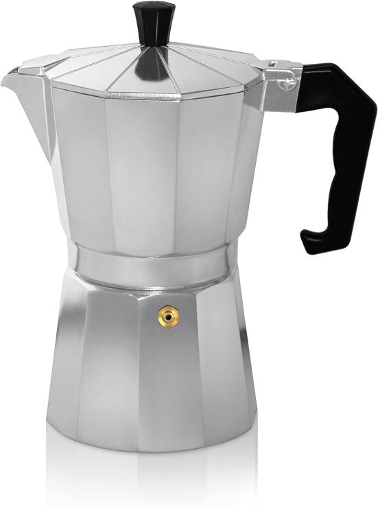 Kruger KRÜGER Aluminum Espresso Maker with Silicone Sealing Ring for 6 Cups - Quick and Easy Espresso Preparation - Safety Valve Prevents Overflow - Handy Handle (Silver)
