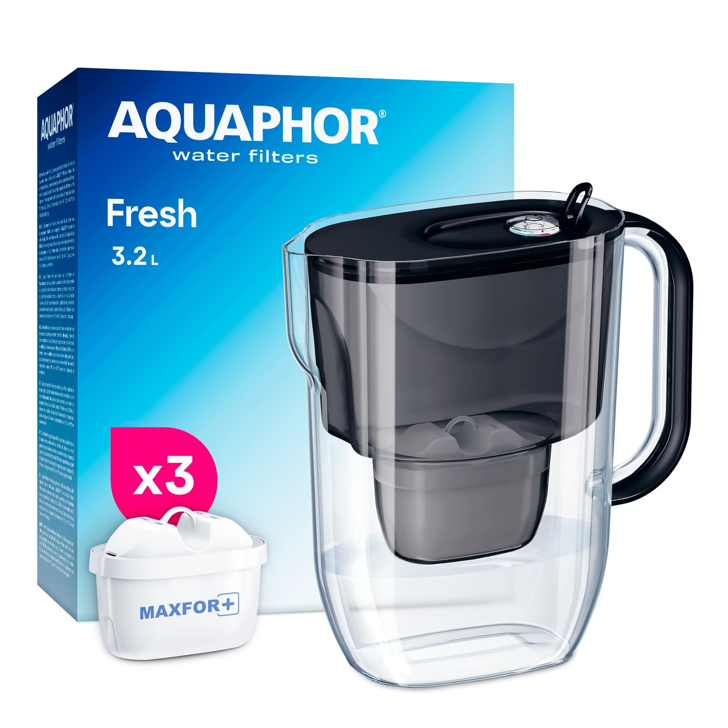 AQUAPHOR Fresh 3.2 L Water Filter Jug Including 3 Maxfor+ Cartridges 200 L Fresh Design for Fresh Drinking Water Black