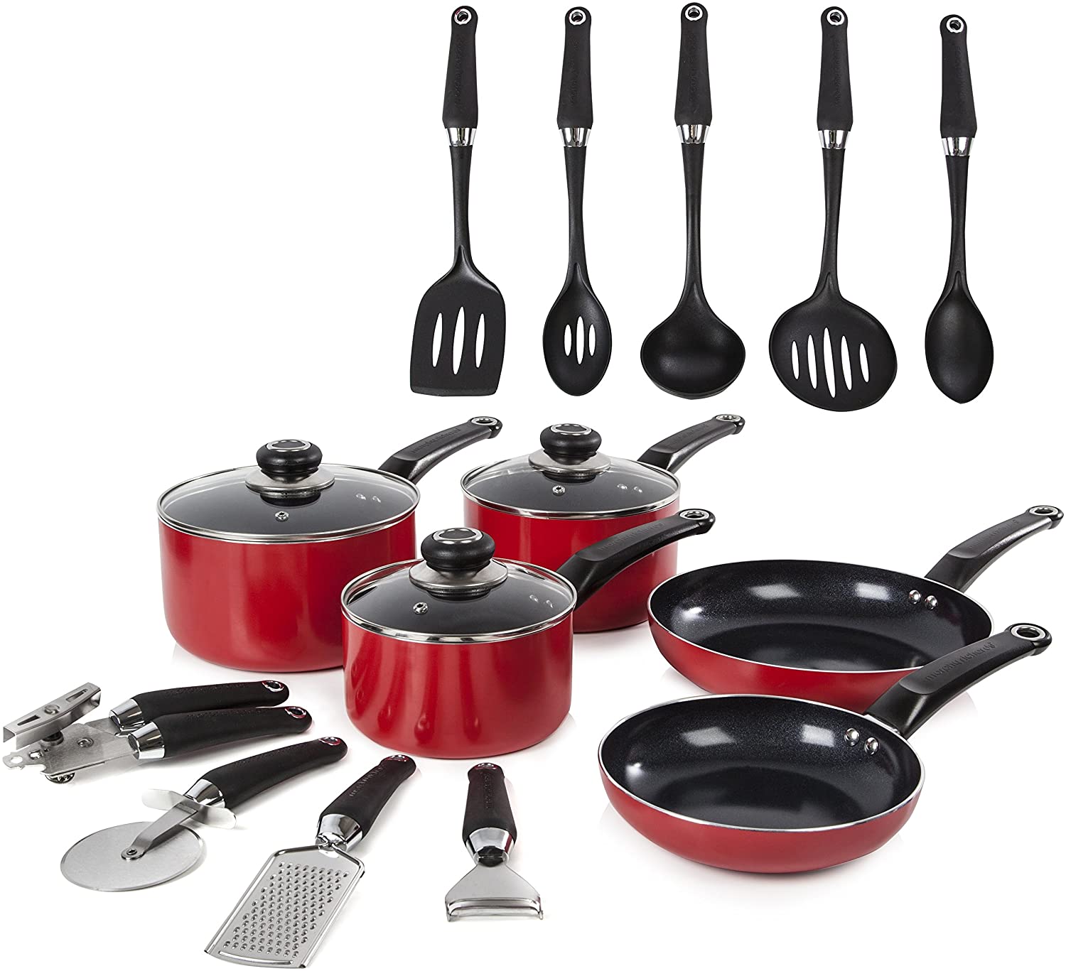 Morphy Richards Equip 5 Piece Pan Set With 9 Piece Tool Set, Red