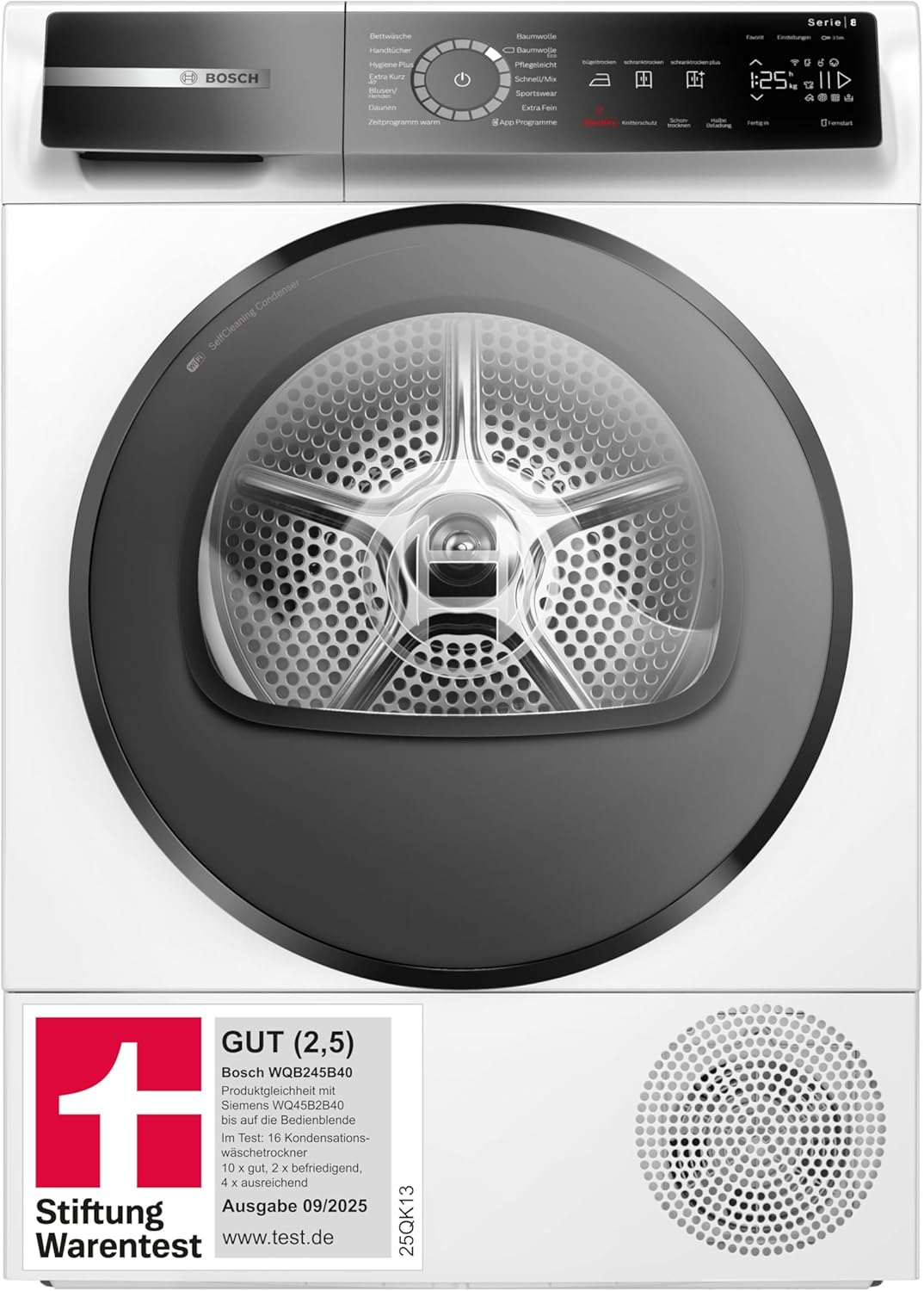 BOSCH Series 8 WQB245B40 Heat Pump Tumble Dryer, 9 kg Capacity, AutoDry, SmartDry, Home Connect, Anti Vibration Design, Sensitive Drying System, White, 60 cm