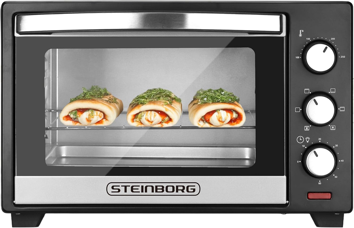 Steinborg Mini Oven 25 Liter Mini Oven Electric - Pizza Oven Table Oven 3-in-1 with Top/Bottom Heat & Convection Convection, 1600 Watt Mini Oven with 60 Minute Timer & Crumb Tray