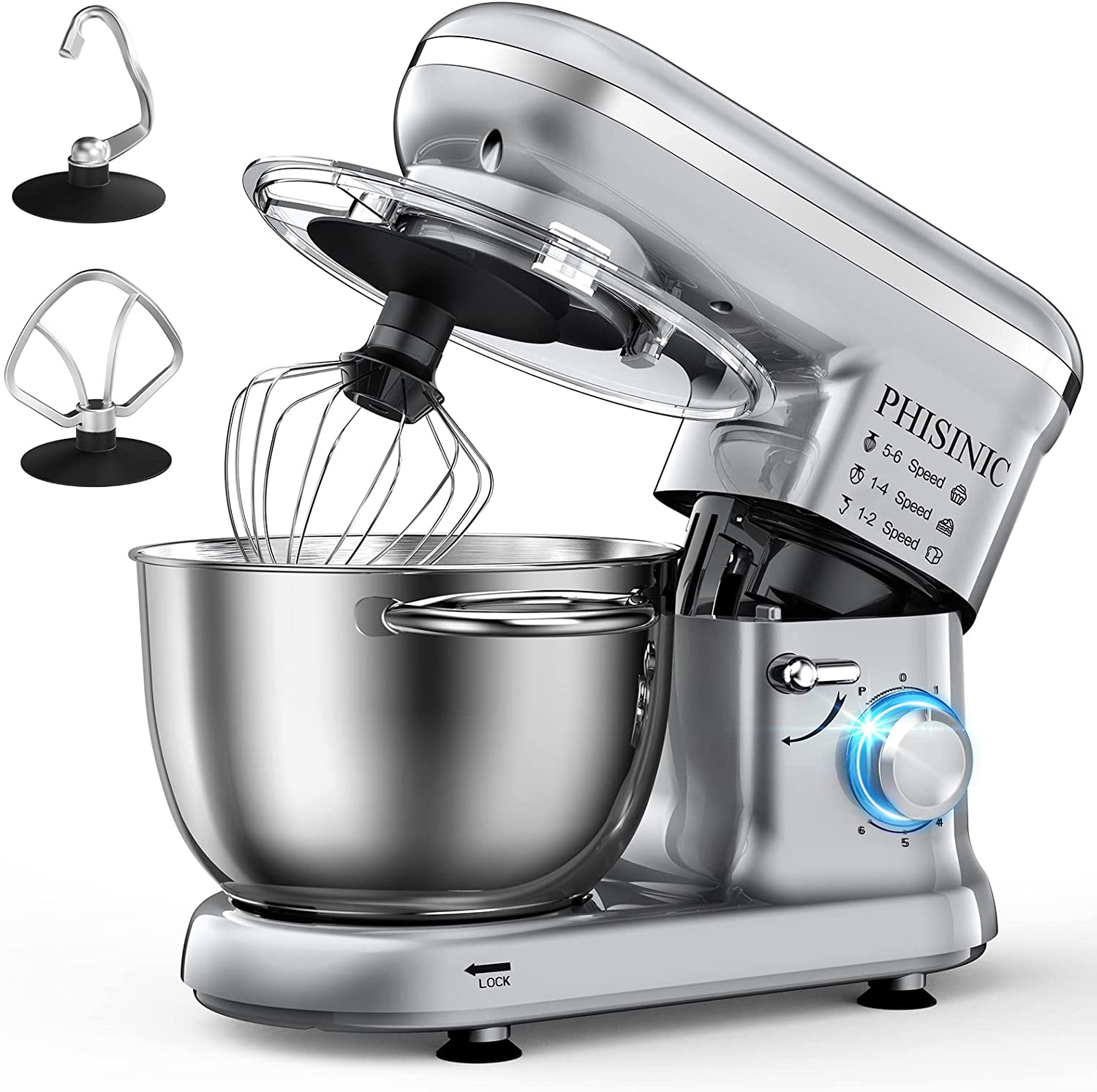 Phisinic Food Stand Mixer, 1500 W, Kneading Machine with 5.5 L Stainless Steel Bowl, 6 Speeds, Dough Machine with Dough Hook, Whisk, Flat Stirrer and Splash Guard