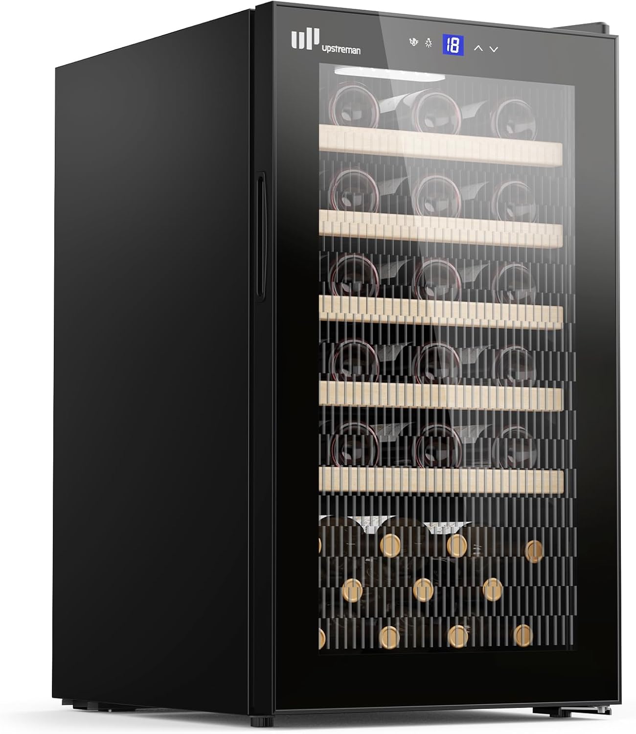 Upstreman 95L Wine Refrigerator with Full Glass Door - Capacity Max 41 Bottles, 5°C - 20°C Adjustable with Double Glazing, Touch Display, LED Lighting, 5 Shelves, W41 Black
