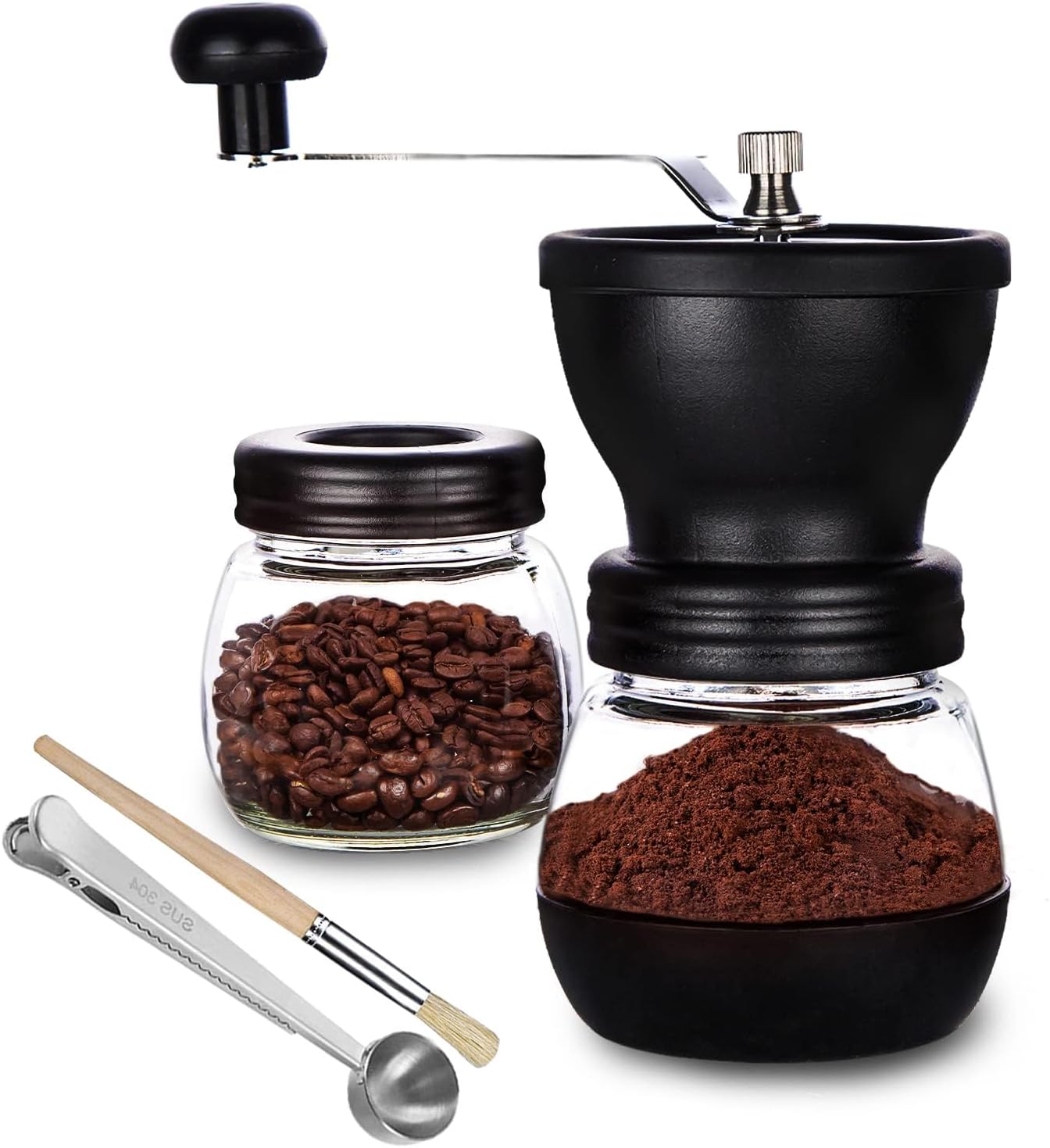 PARACITY Coffee Grinder with Ceramic Grinder, Manual Coffee Grinder with 2 Glasses (11 oz each) Stainless Steel Handles, Coffee Grinders for Filter Coffee, Espresso, French Press
