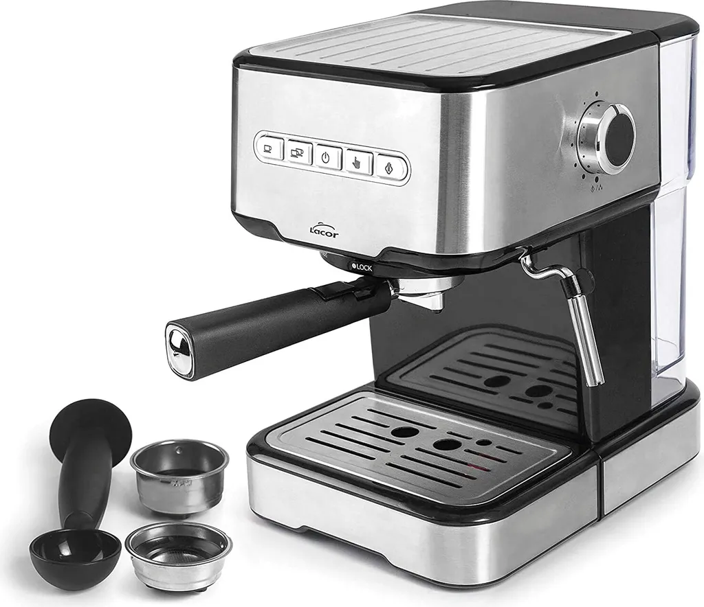 LACOR 69256 - Espresso coffee machine with 2 coffee outlets and heating/frothing function, suitable for ground coffee, 21x265x30 cm
