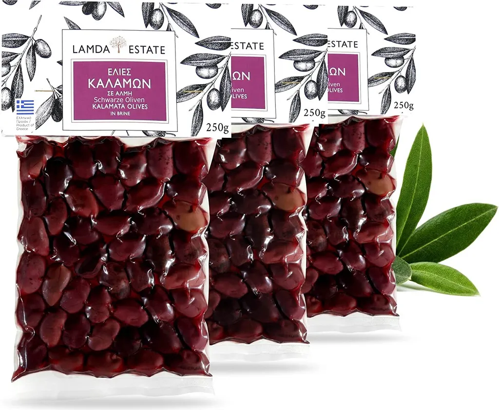 OREA - Greek Delikas Lamda Estate - Black Greek Olives Kalamata with Pits | Pickled Fresh Kalamon Olives Vacuum Packed 3x 250g
