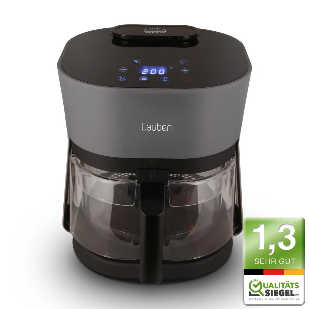 Lauben Glass&SteamAir® Fryer 4500BG, hot air fryer with glass frying basket, 1300 W, 8 programs, 4.5 liters, steam function, 360° hot air circulation