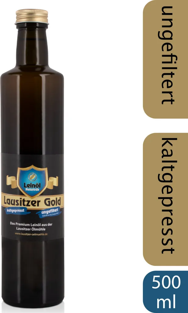 Lausitzer Ölmühle Hoyerswerda Lausitz Linseed Oil - Lausitz Gold (cold-pressed unfiltered premium linseed oil), 500ml